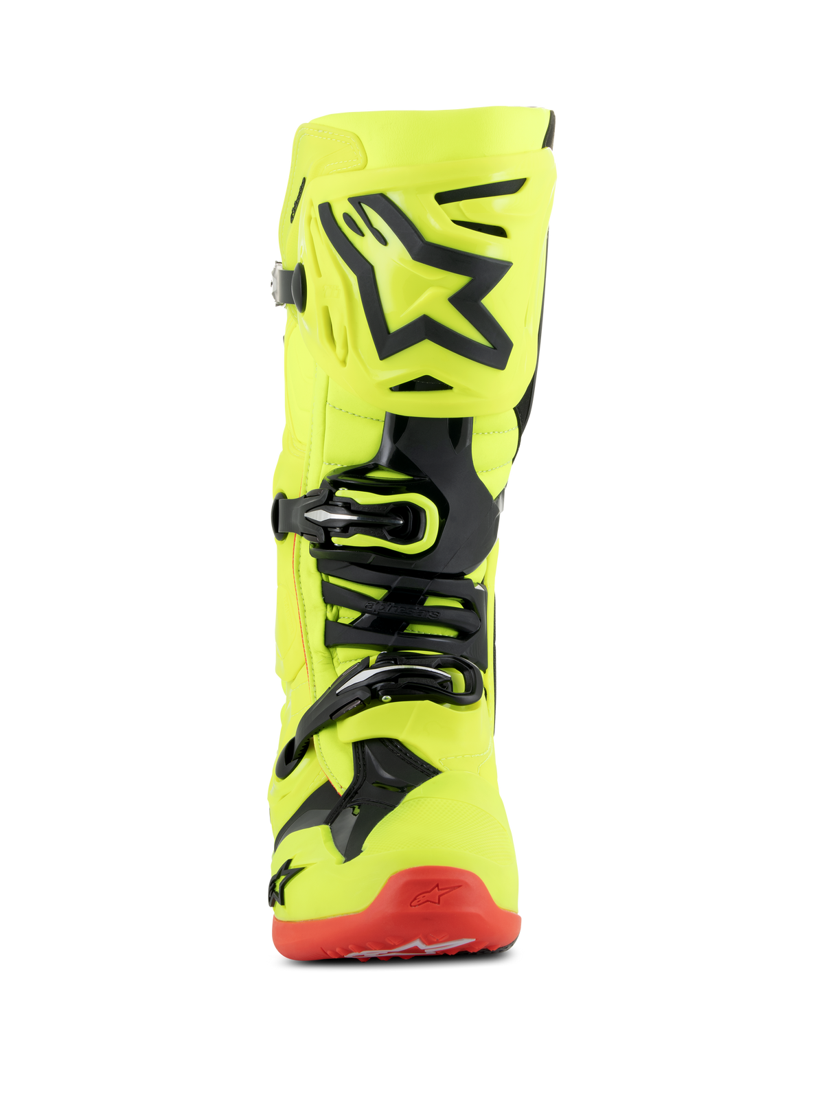 Alpinestars Tech 10 støvler, motocross-støvler, gul fluo, sort og rød fluo, set forfra, pangult fluorescerende chassis med sorte TPU-detaljer og spændesystem, rød sål, avanceret fodtøj til terrænkørsel