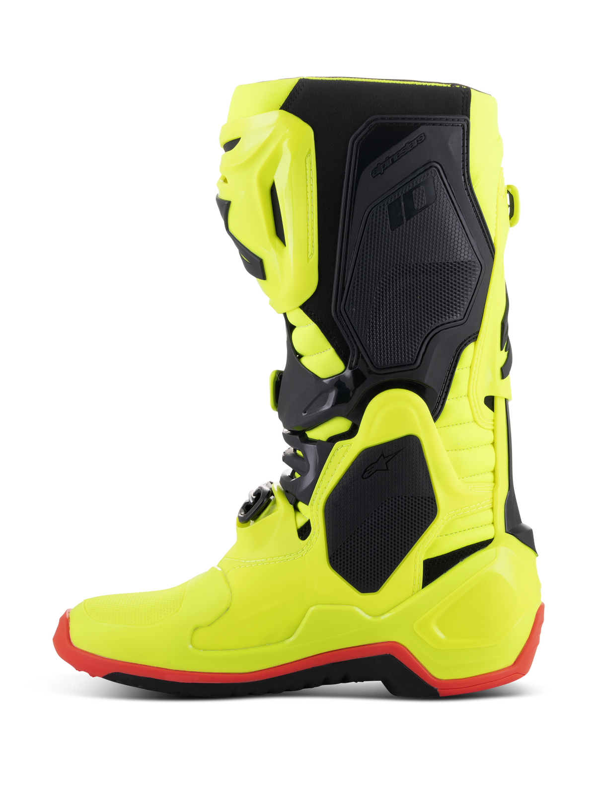 Alpinestars Tech 10 støvler, motocross støvler, gul fluo, sort og rød fluo, sideprofil, klar neongul konstruktion med sorte beskyttelsespaneler og rød fluo såldetalje, højtydende udstyr til terrænkørsel