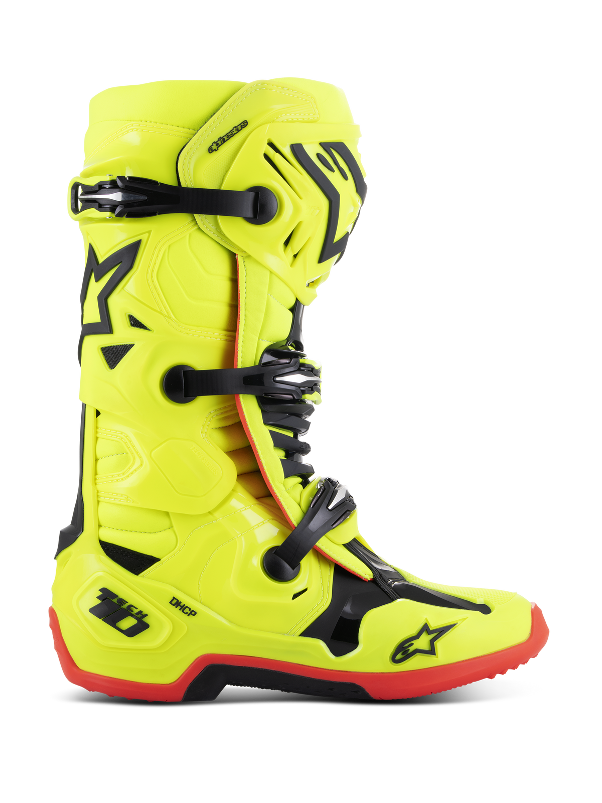 Alpinestars Tech 10 støvler, motocross racingstøvler, gul fluo med sorte og røde detaljer, set fra siden med tredobbelt spændelukning, forstærket skinnebensplade, rød sål med højt greb og DHCP-hælbeskyttelse, professionelt off-road motorcykeludstyr