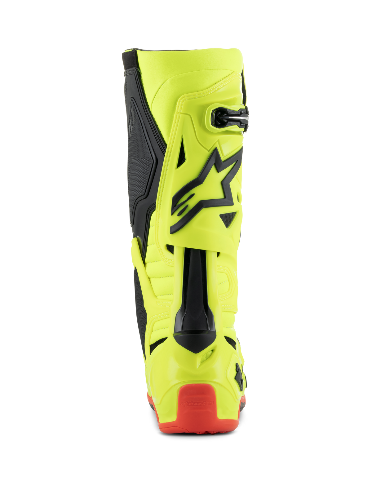 Alpinestars Tech 10 støvler, motocross-støvler, gul fluo sort rød fluo, set bagfra viser fluorescerende gult chassis med sorte detaljer og rød hælbeskytter, professionelt terrænkørselsudstyr