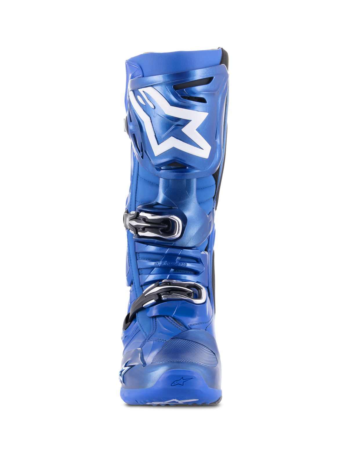 Alpinestars Tech 10 Motocross Boots, Blue and Black, front view, featuring white Astars logo on the shin plate, black and silver triple buckle closure system, durable TPU shell construction for off-road performance