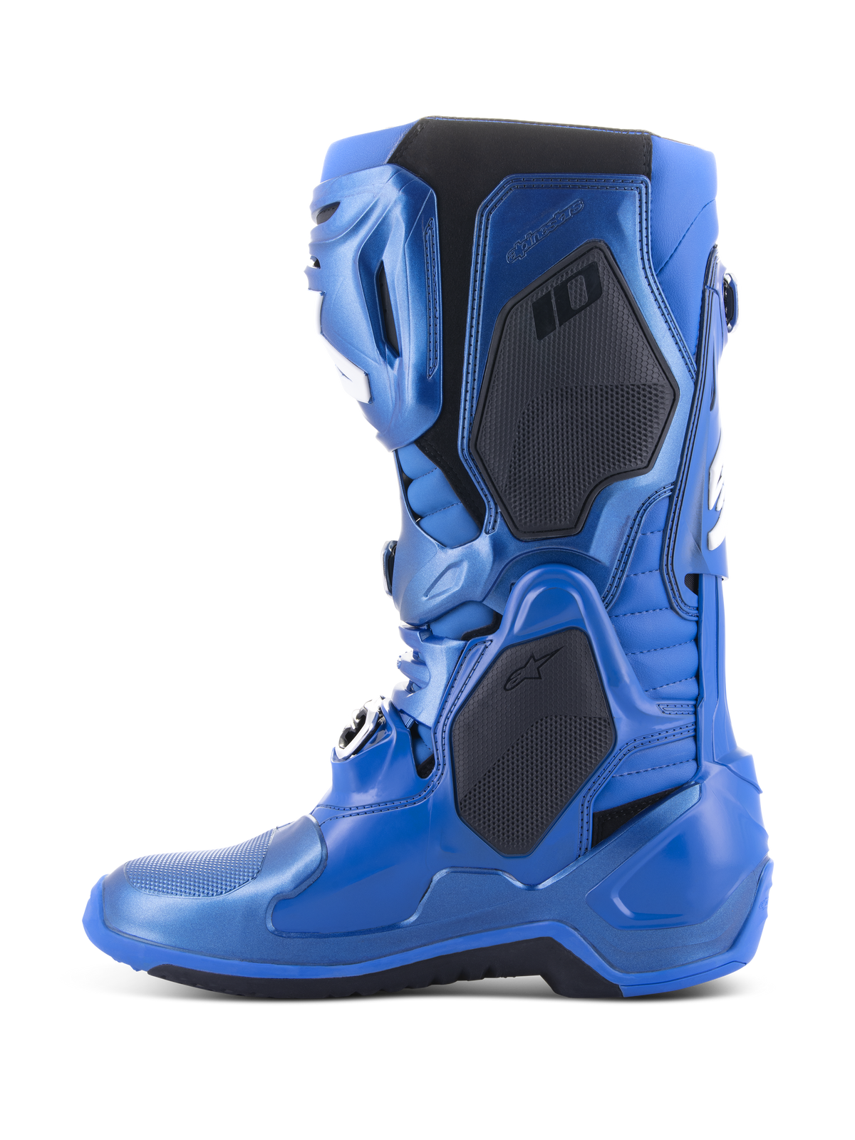 Alpinestars Tech 10 Boots, Motocross Boots, Metallic Blue and Black, side profile view showing black protective panels and metallic blue finish, advanced technical design for professional motocross racing