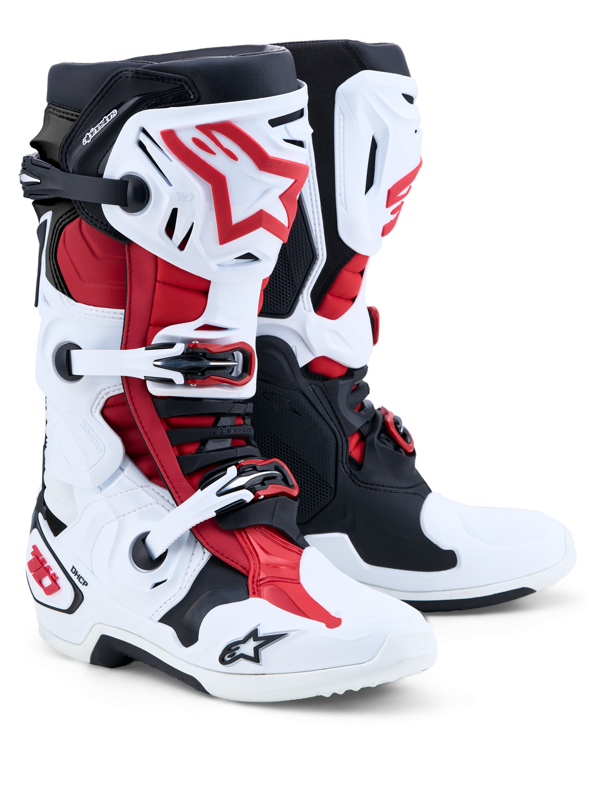Alpinestars Tech 10 Boots, Motocross Boots, White, Black, and Bright Red, pair view highlighting TPU protection plates, buckle closure system, and DHCP heel support.