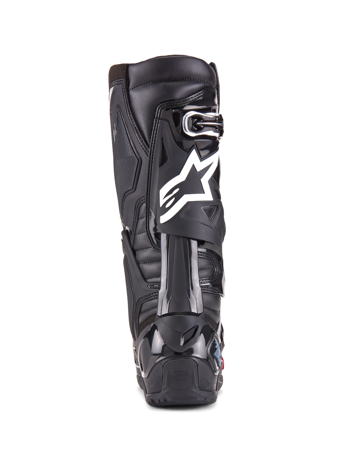 Alpinestars Tech 10 Enduro støvler, sort, bagfra-visning af en enkelt støvle, der viser det hvide Alpinestars-logo, holdbar TPU-hælbeskytter og robust enduro-såldesign til off-road racing