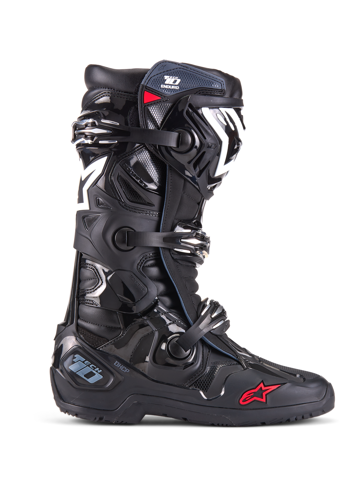 Alpinestars Tech 10 Enduro støvler, motocross off-road støvler, sort med hvide og røde detaljer, tredobbelt spændelukkesystem, beskyttende TPU-skinnebensbeskytter og hælplade, robust Enduro-sål, ikonisk stjernelogo, premium racerbeskyttelse