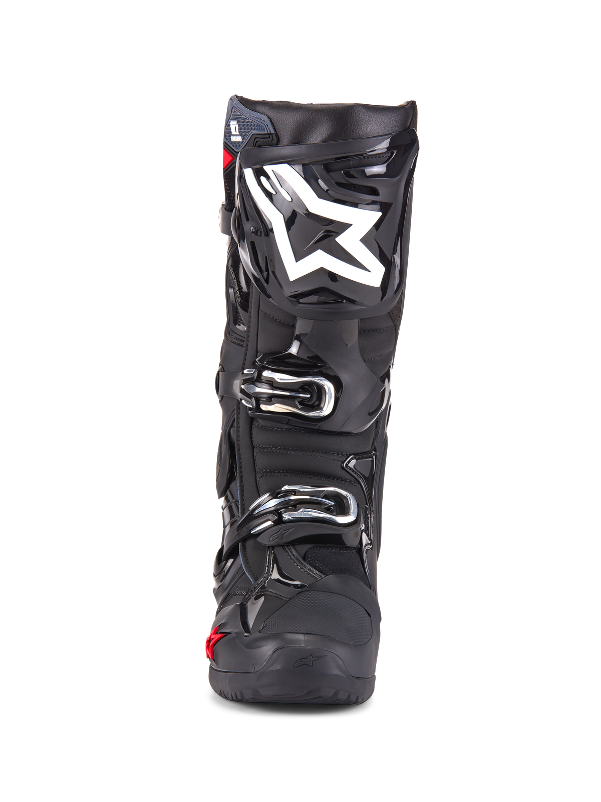 Alpinestars Tech 10 Enduro støvler, motocross-støvler, sort, set forfra med hvidt stjernelogo på skinnebenet, sølvspænder, elegant sort finish med robuste beskyttelsespaneler, højtydende fodtøj til off-road kørsel