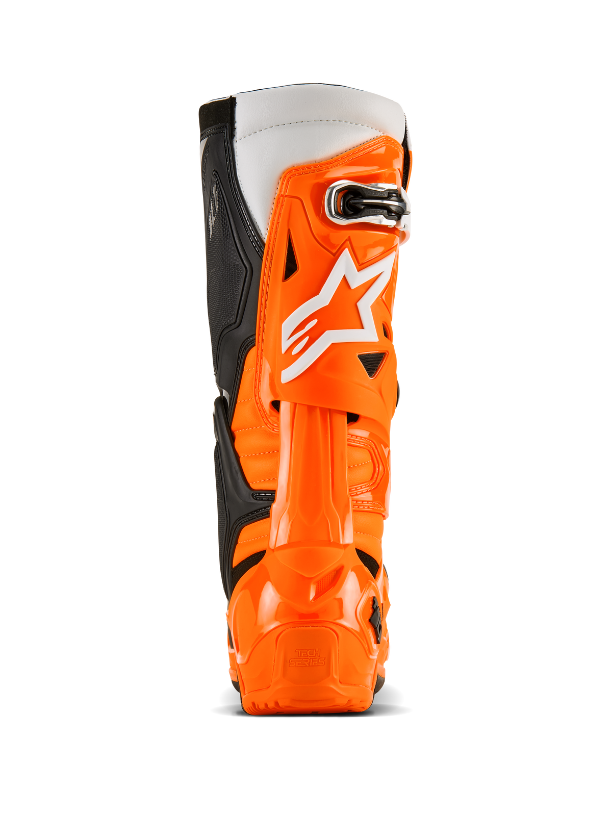 Alpinestars Tech 10 Enduro støvler, set bagfra, Orange Fluo Sort Hvid, vibrant orange TPU-beskyttelsesskal, hvidt Alpinestars-logo, sorte sidepaneler og specialiseret hælbeskyttelse til off-road kørsel
