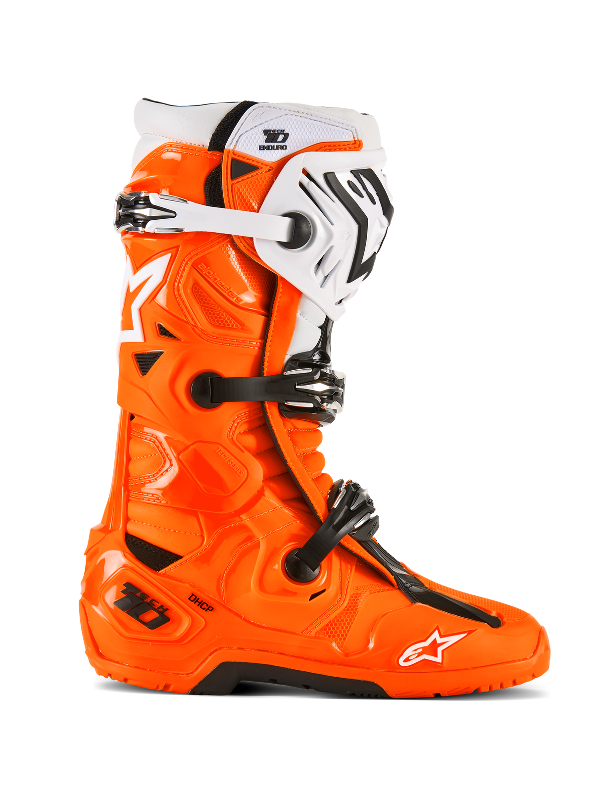 Alpinestars Tech 10 Enduro støvler, motocross terrænkørselsstøvler, fluorescerende orange med sorte og hvide detaljer, sidevisning med tredobbelt spændelukkesystem, robust sort sål og beskyttende TPU-konstruktion til enduro-kørsel
