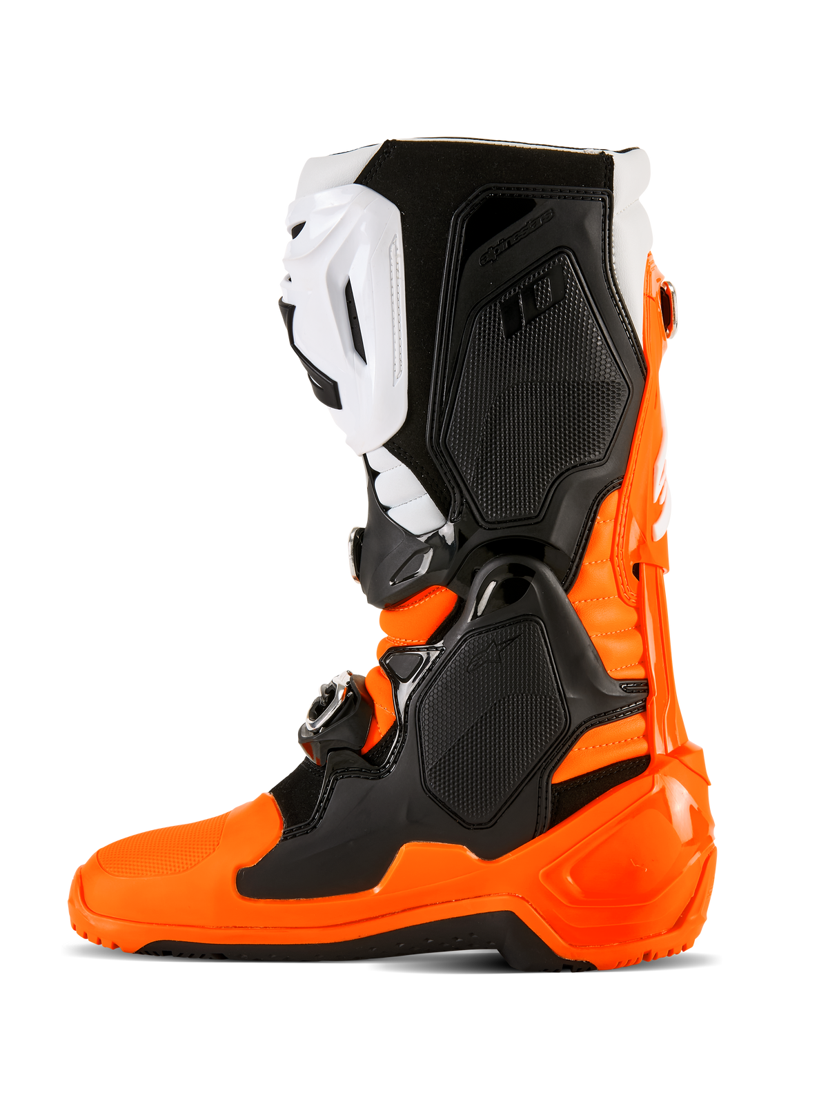 Alpinestars Tech 10 Enduro støvler, orange fluo, sort og hvid, højtydende motocross- og off-road-fodtøj med et tredobbelt spændelukkesystem, beskyttende TPU-paneler og en specialiseret Enduro-sål med dobbelt sammensætning for øget greb.