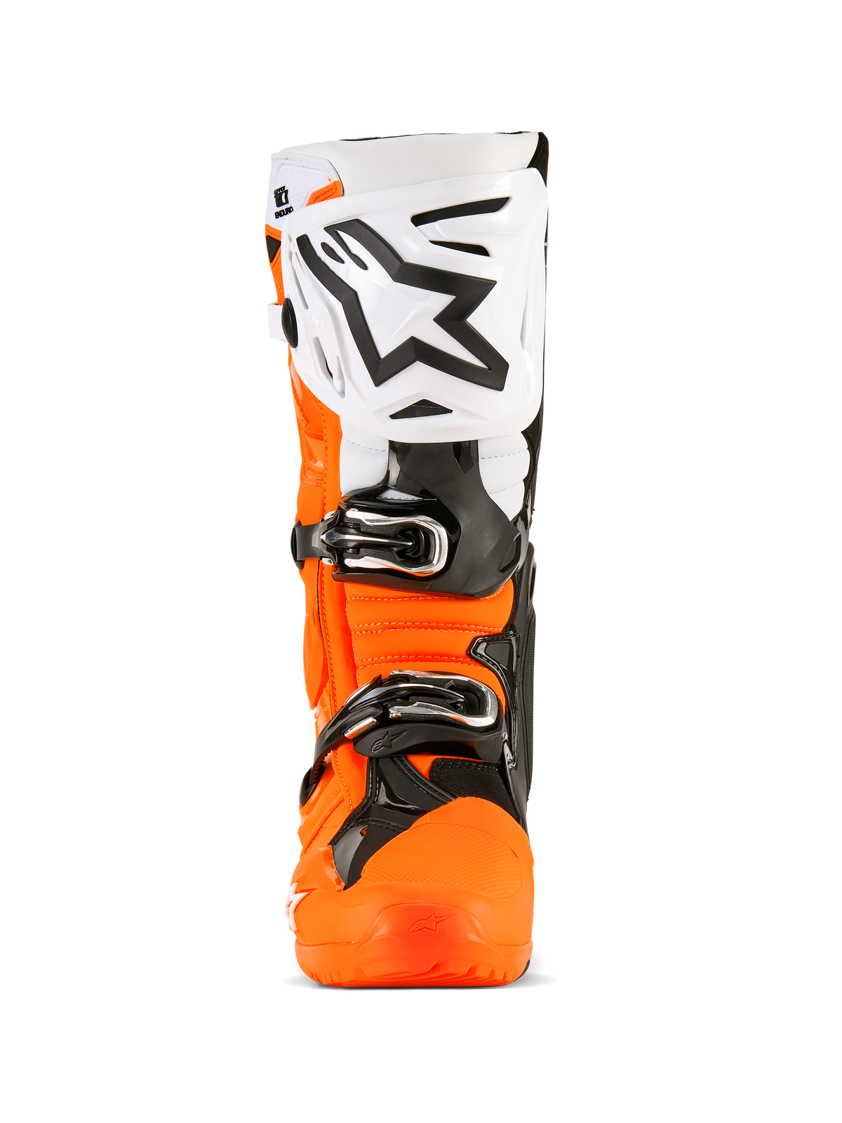 Alpinestars Tech 10 Enduro støvler, motocrossstøvler, Orange Fluo sort og hvid, set forfra med stor hvid skinneplade med sort Alpinestars-logo, sorte spænder og robust orange beskyttelsesskal