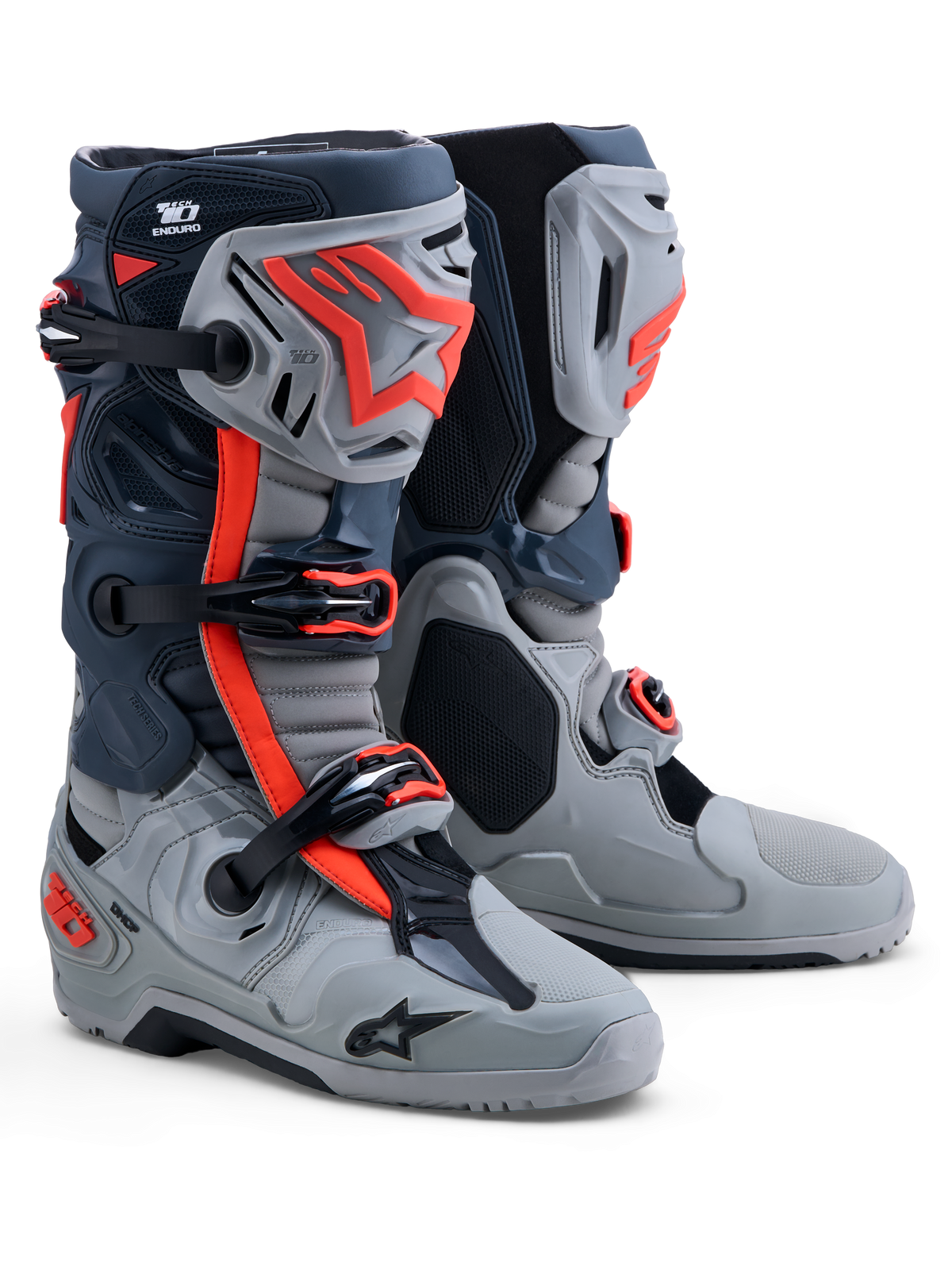 Alpinestars Tech-10 Enduro herrestøvler til terrænkørsel, grå og fluorescerende rød, TPU-beskyttelse, CE-certificeret.