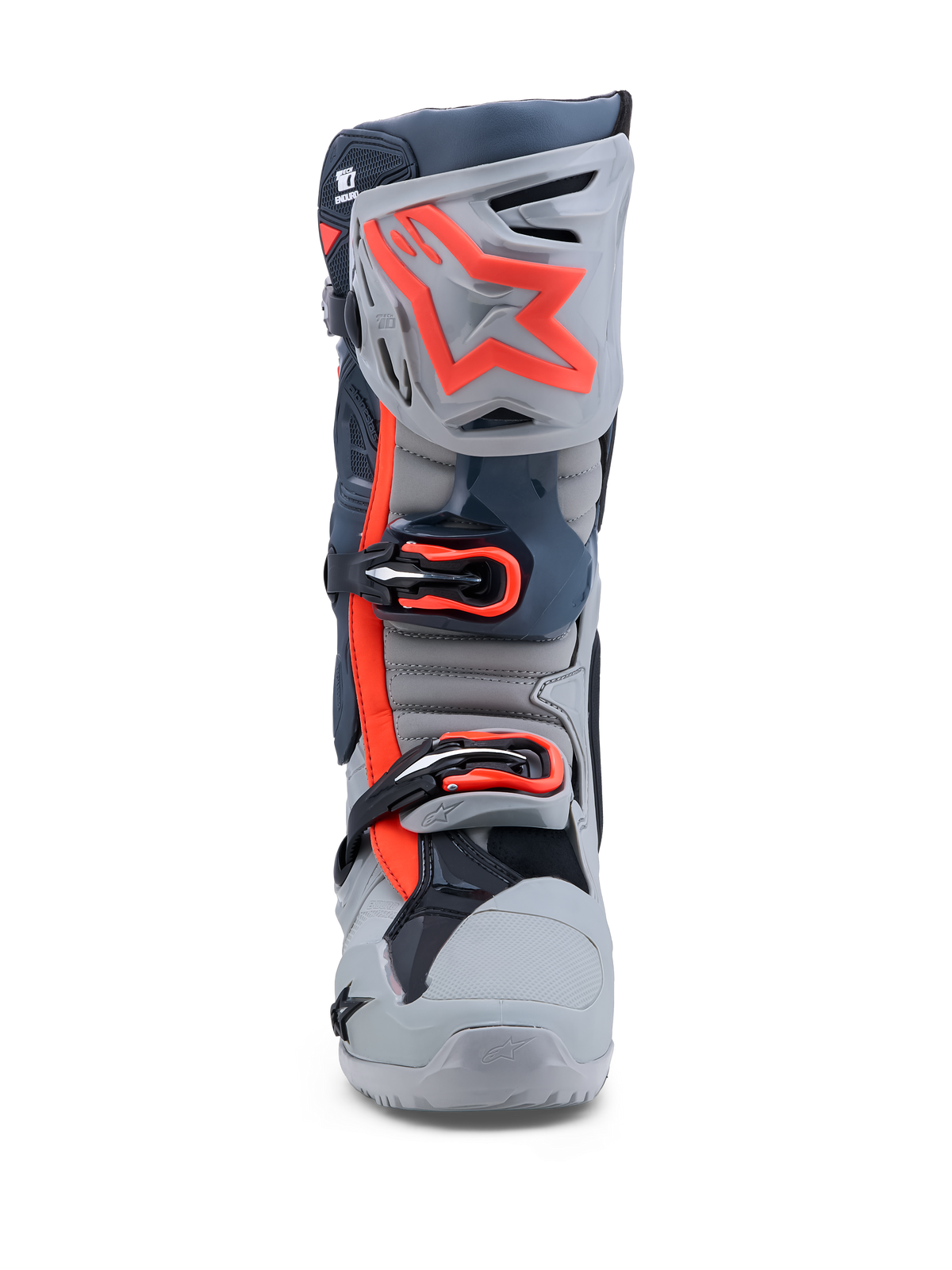 Alpinestars Tech-10 Enduro støvler, grå og fluo rød motocrossstøvler med tredobbelt spændelukning og TPU-skinnebensplade.