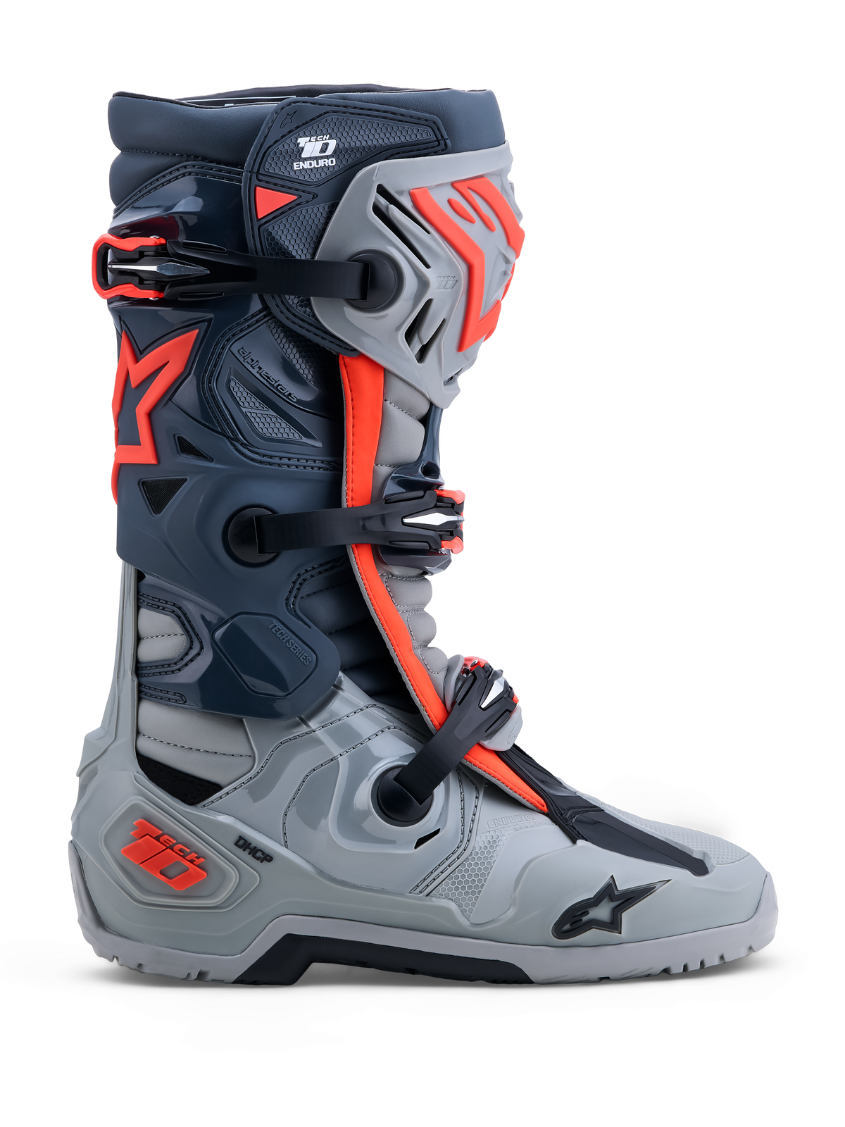 Alpinestars Tech-10 Enduro støvler, off-road motorcykelstøvler i grå og rød fluo med TPU-beskyttelse og DCHP.