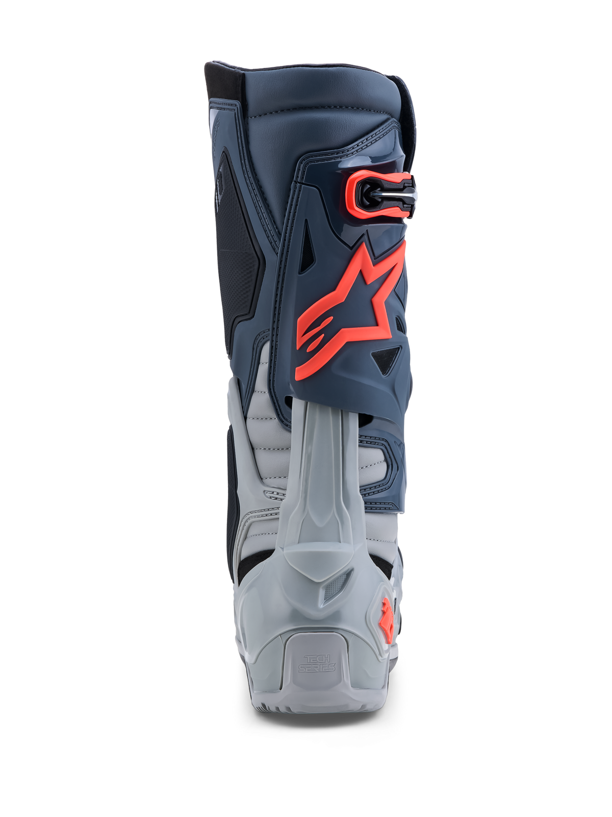 Alpinestars Tech-10 Enduro støvler, off-road racing, grå og rød fluo, med hælbeskyttelse og slidstærk TPU-konstruktion.