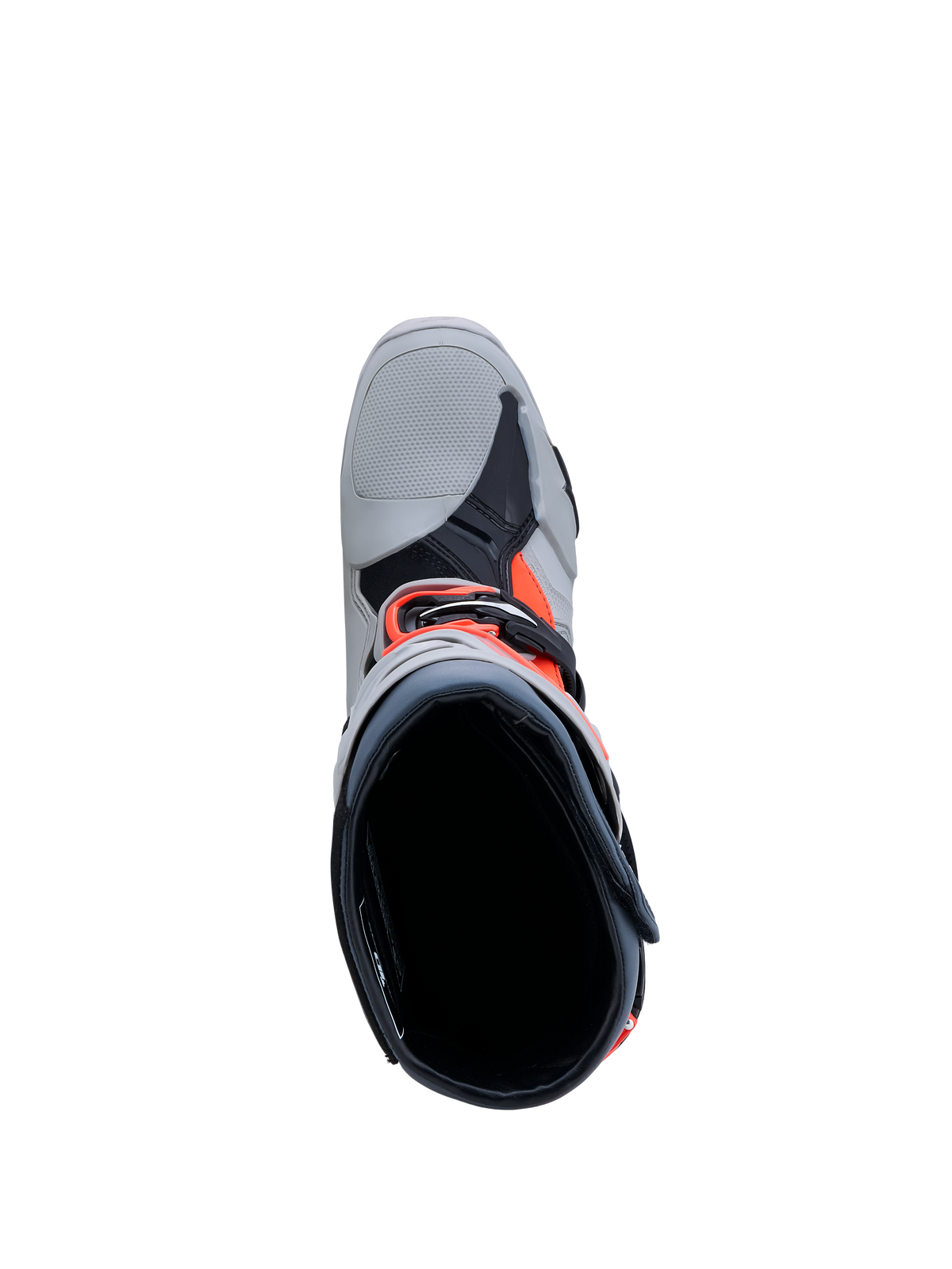 Alpinestars Tech-10 Enduro støvler, motocrossstøvler i grå og fluo rød, set ovenfra med kig til interiør og spænder.