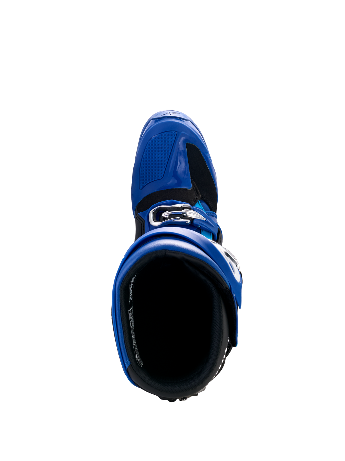 Alpinestars Yamaha Tech 7 støvler, motocross-støvler, blå, sort og hvid, set fra oven, der viser den indvendige åbning og det justerbare spændesystem, højtydende beskyttende fodtøj til off-road racing