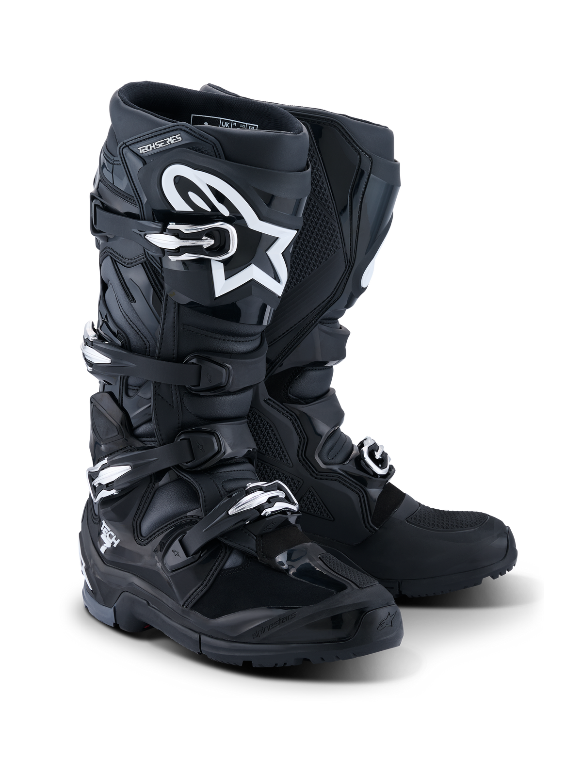 Alpinestars 2026 Tech 7 Enduro-støvler, motorcykel enduro-støvler, sort antracit og hvid, med et lukkesystem med fire spænder, hvidt A-star logo på skinnebenspladen, robust sål i dobbelt gummiblanding for greb i terrænet