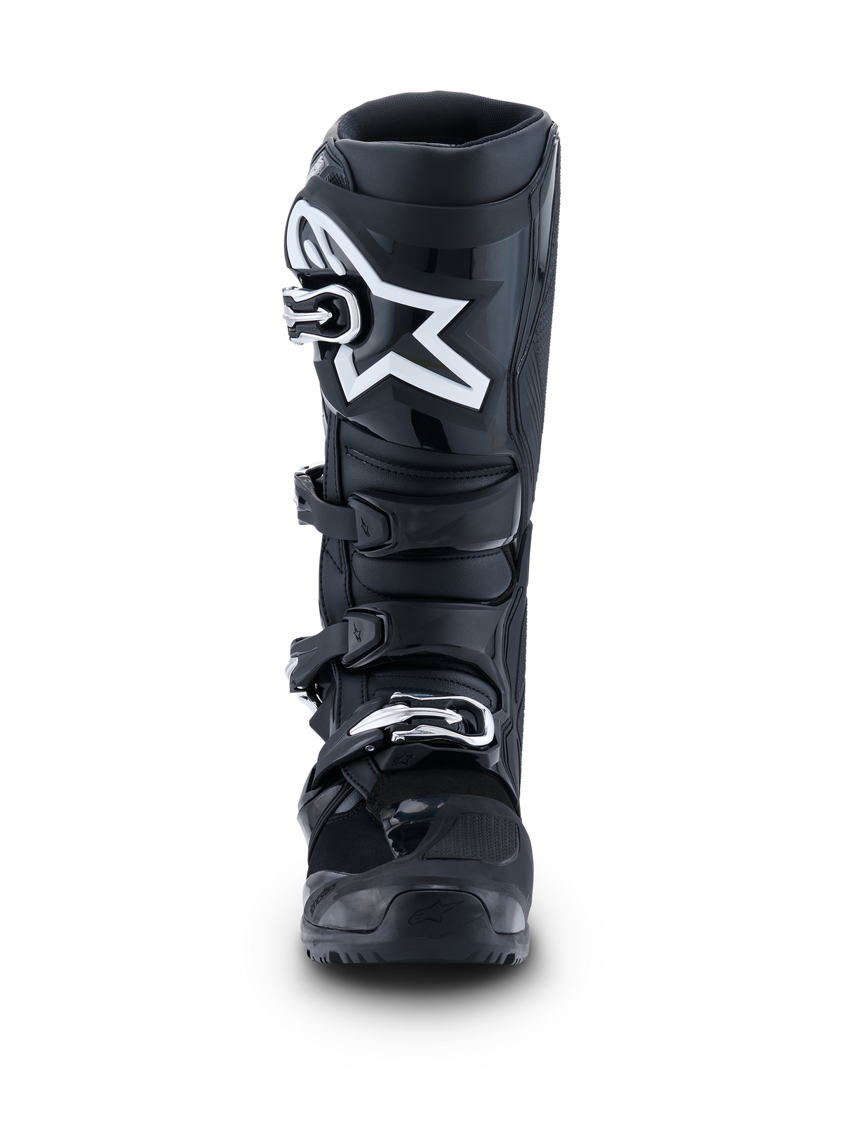 Alpinestars 2026 Tech 7 Enduro-støvler, sort, antracit og hvid, set forfra med et fremtrædende hvidt stjernelogo på skinnebenspladen, hurtigudløsende system med fire spænder og forstærket beskyttelsesstruktur til enduro- og offroad-kørsel