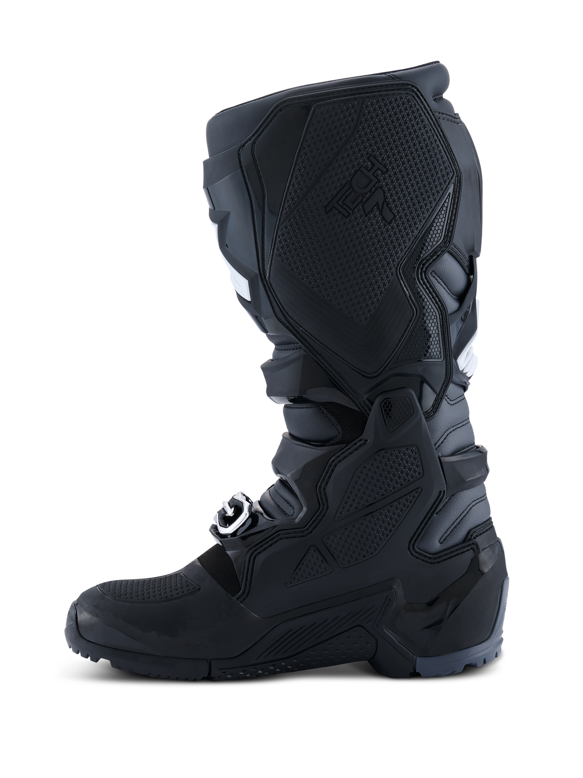 Alpinestars 2026 Tech 7 Enduro støvler, motocross- og endurostøvler, sort antracit hvid, medial sidevisning der viser det teksturerede TPU-panel til kontakt med cyklen, robust dual-compound sål og holdbar mikrofiberkonstruktion.