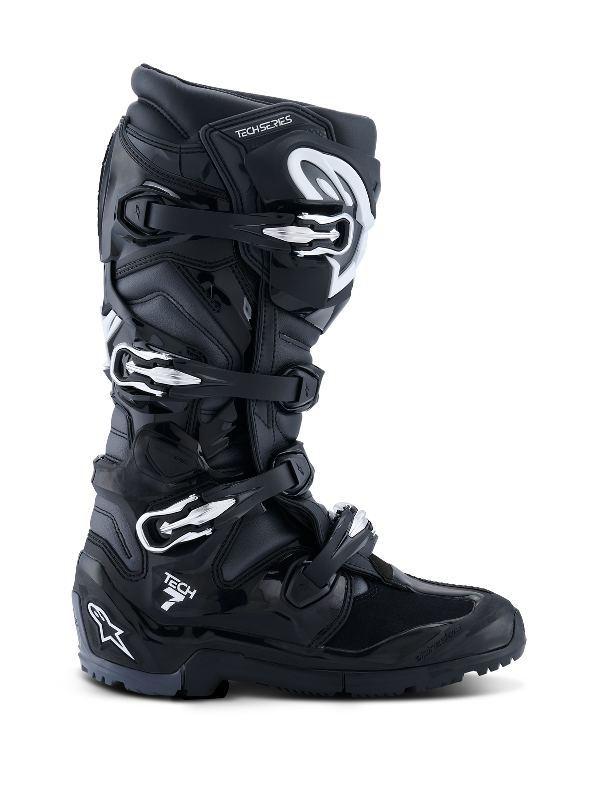Alpinestars 2026 Tech 7 Enduro-støvler, Black Anthracite White, specialiserede off-road motorcykelstøvler med et lukkesystem med fire spænder, slidstærk overdel i PU-forstærket mikrofiber og en robust mønstret sål til enduro-terræn, strømlinet design med markant Tech 7-branding på hælen.