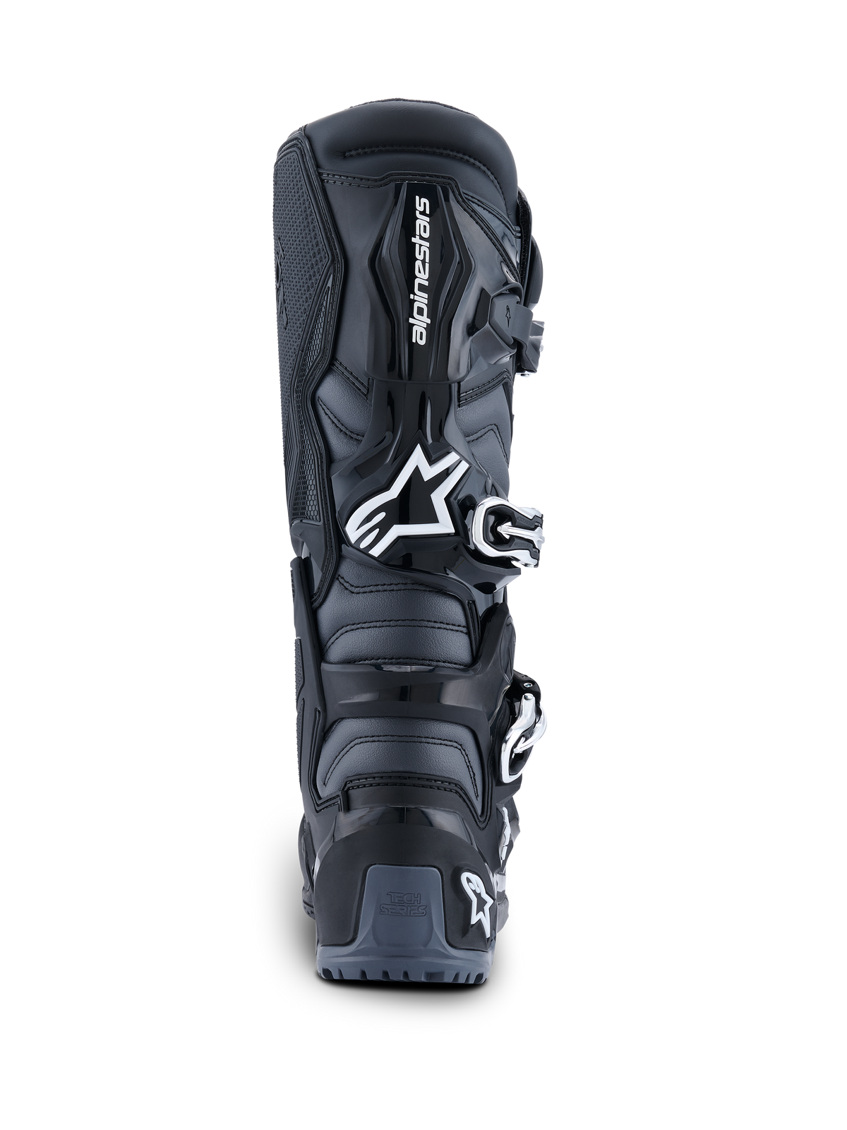 Alpinestars 2026 Tech 7 Enduro støvler, set bagfra, sort antracit og hvid, off-road motorcykelstøvler med hvidt Astar-logo, spændelukkesystem og TPU-hælbeskyttelse
