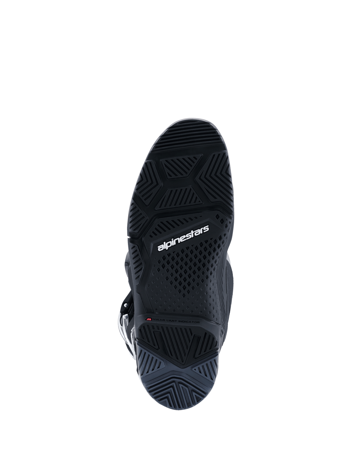 Alpinestars 2026 Tech 7 Enduro-støvler, sort, antracit og hvid, set nedefra, viser den specialiserede Enduro-specifikke dobbeltkomponentsål, detaljeret slidbanemønster for off-road greb, hvidt Alpinestars-logo og slidindikator