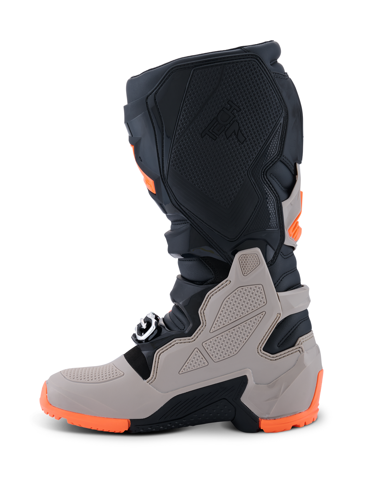 Alpinestars 2026 Tech 7 Enduro-støvler, motocross- og enduro-støvler, sort, varm grå og orange fluo, sidevisning med en robust dobbelt sammensat sål, TPU-beskyttelse på skinneben og ankel, præget Tech 7-branding.