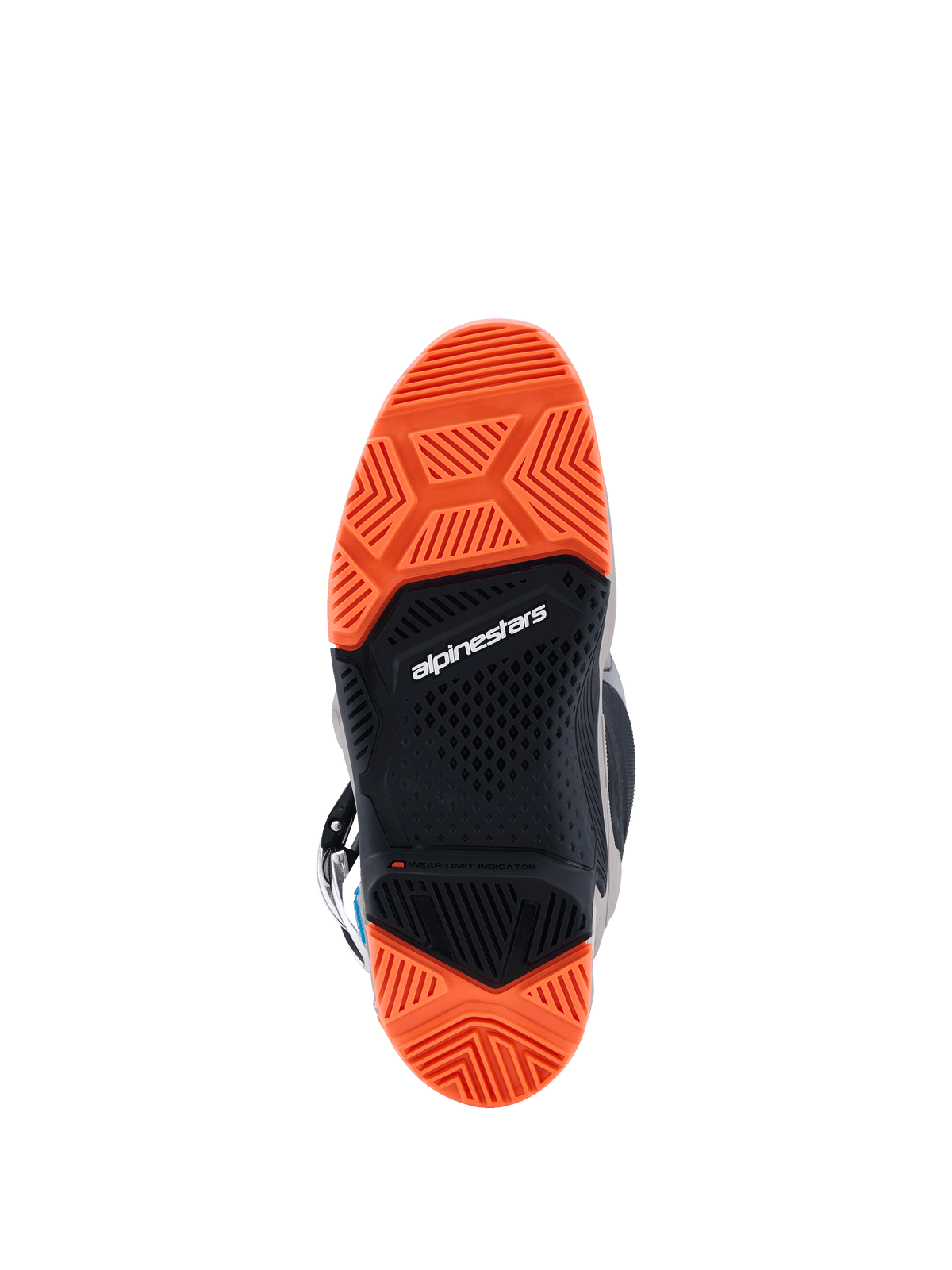 Alpinestars 2026 Tech 7 Enduro-støvler, bundvisning af den specialiserede dobbelt sammensatte sål, sort og Orange Fluo, detaljerede slidbanemønstre for overlegent off-road greb, med Alpinestars-branding og slidindikator.
