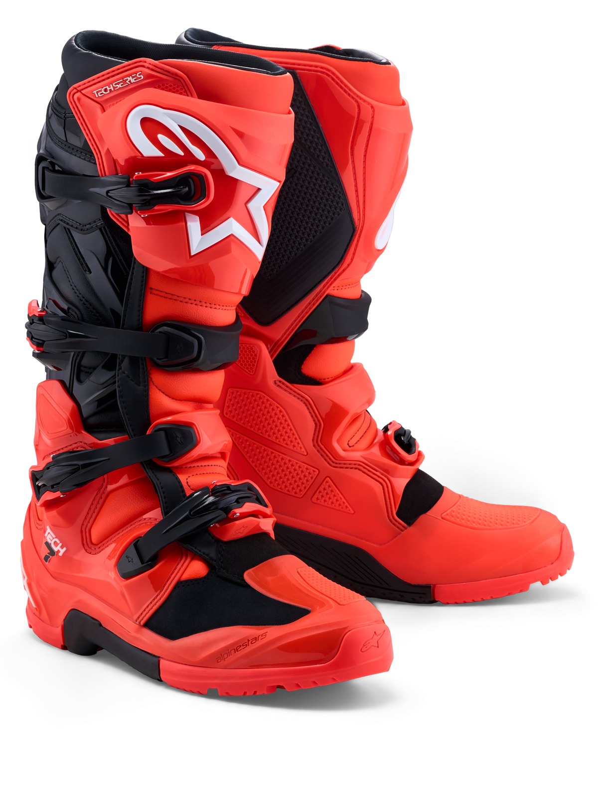 Alpinestars Tech 7 Enduro støvler, rød og sort, off-road motorcykelstøvler med TPU-beskyttelse og sikkert spændesystem.