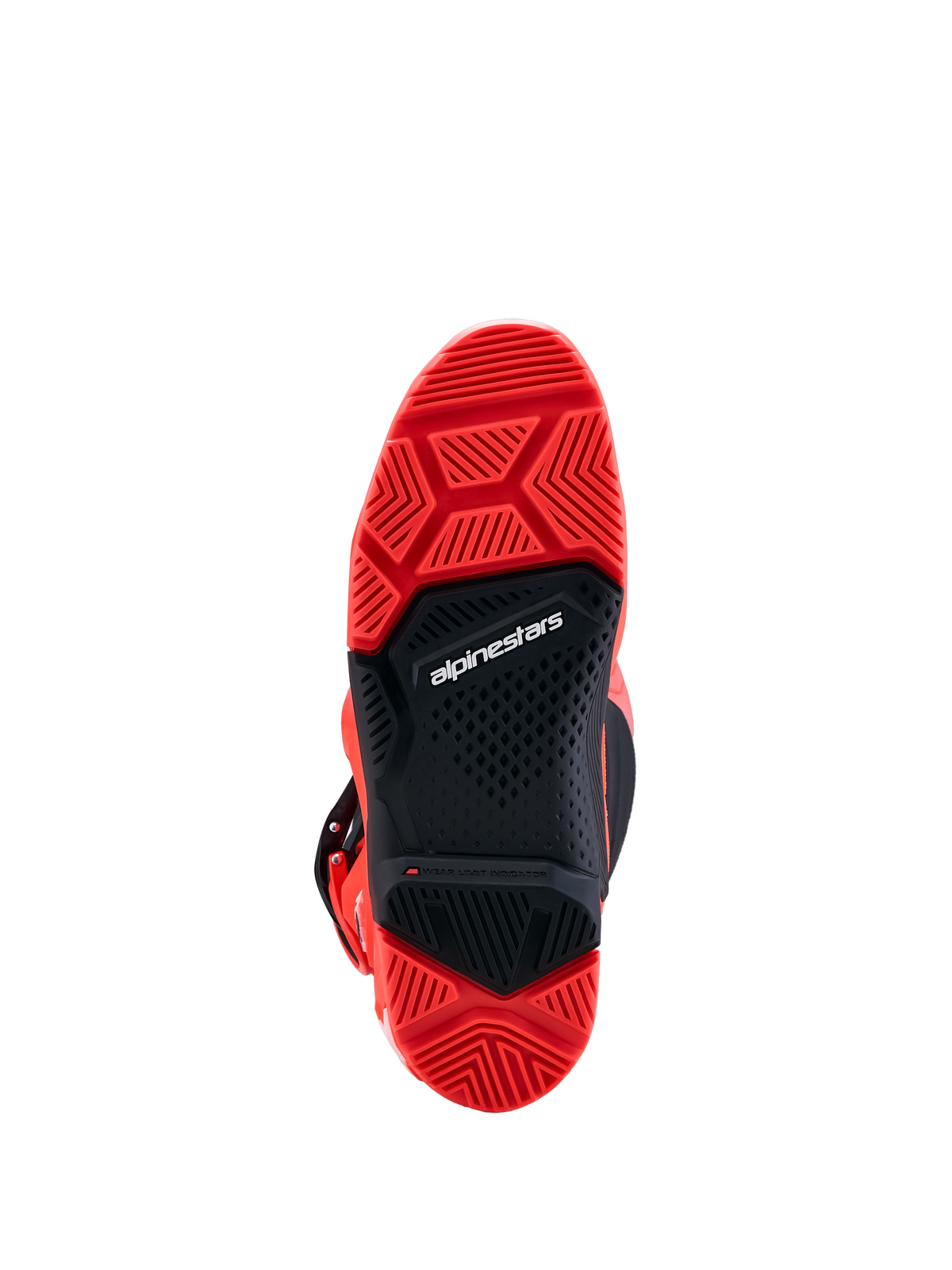 Alpinestars Tech 7 Enduro Boots featuring a red and black high-grip dual-compound sole for off-road motorcycle racing and enduro performance.