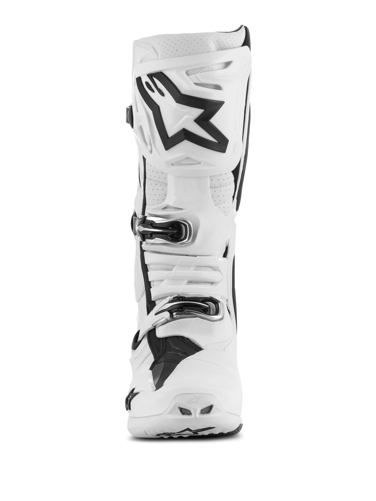 Alpinestars Tech 10 Supervented støvler, motocross-støvler, hvide med sorte detaljer, set forfra med stort sort Astar-logo på skinnebenspladen, spændelukningssystem og perforerede zoner til ventilation.