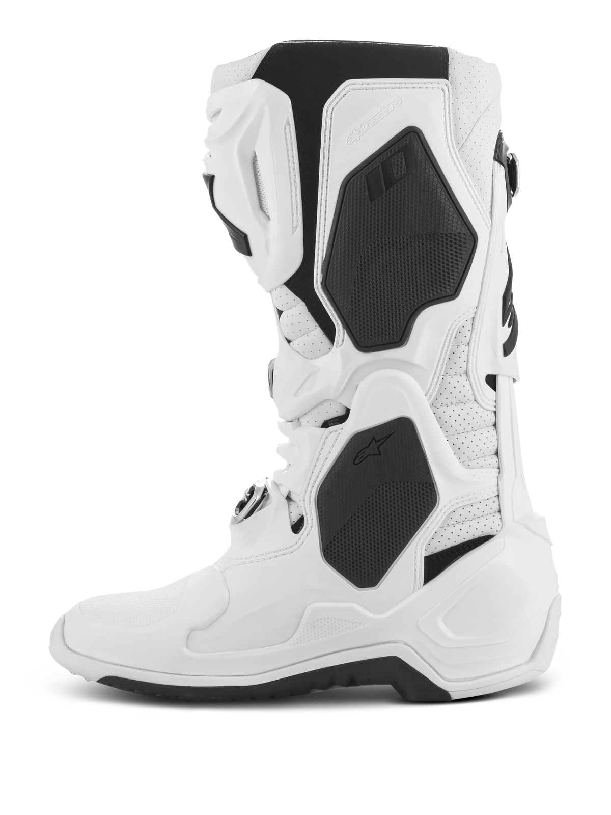 Alpinestars Tech 10 Supervented støvler, motocross-støvler, hvide, sideprofil, med sorte TPU-paneler og perforeret mikrofiberkonstruktion, ventileret skinneplade for høj luftgennemstrømning, professionelt fodtøj til terrænkørsel