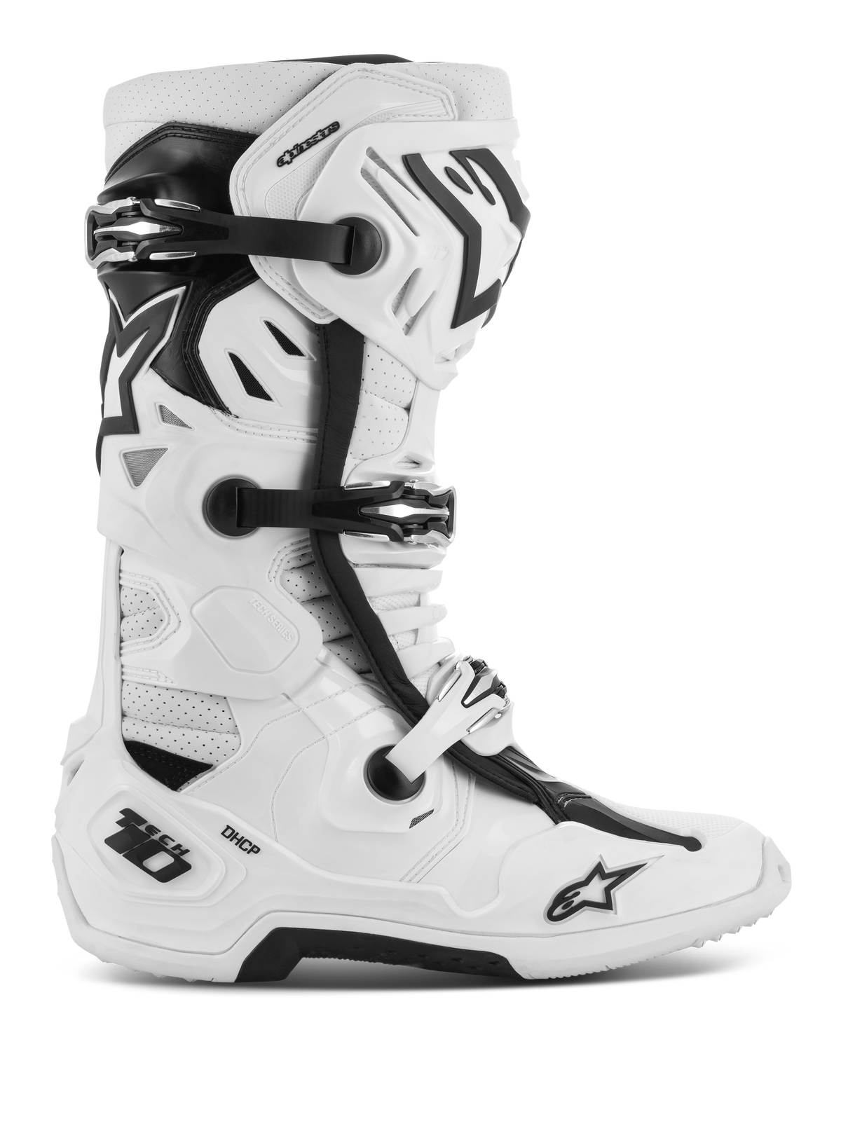 Alpinestars Tech 10 Supervented støvler, motocross off-road racingstøvler, hvid og sort, flere justerbare spænder, perforerede ventilationspaneler og et robust beskyttende højt design