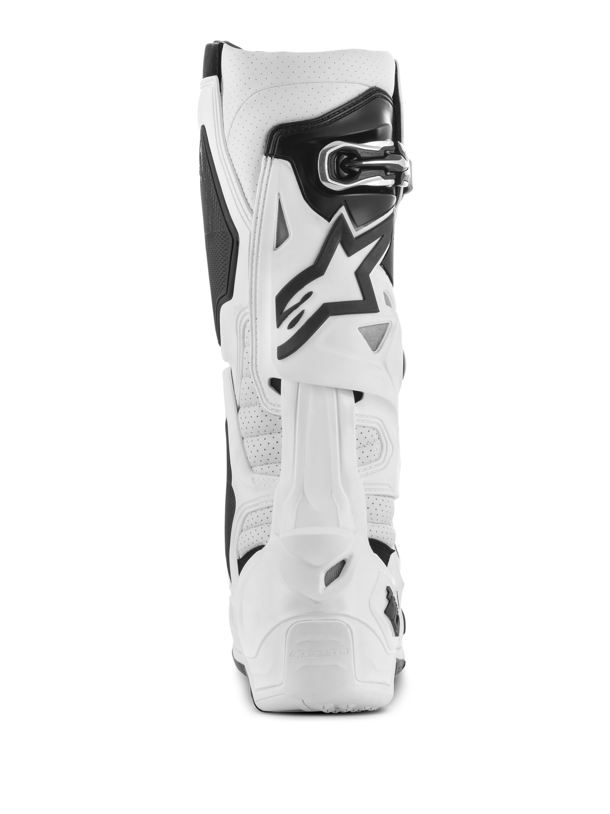 Alpinestars Tech 10 Supervented støvler, hvide motocross-støvler, set bagfra med perforeret mikrofiber for luftstrøm, hvidt TPU-bagbladssystem, sort stjernelogo og sikker spændelukning, højtydende off-road fodtøj