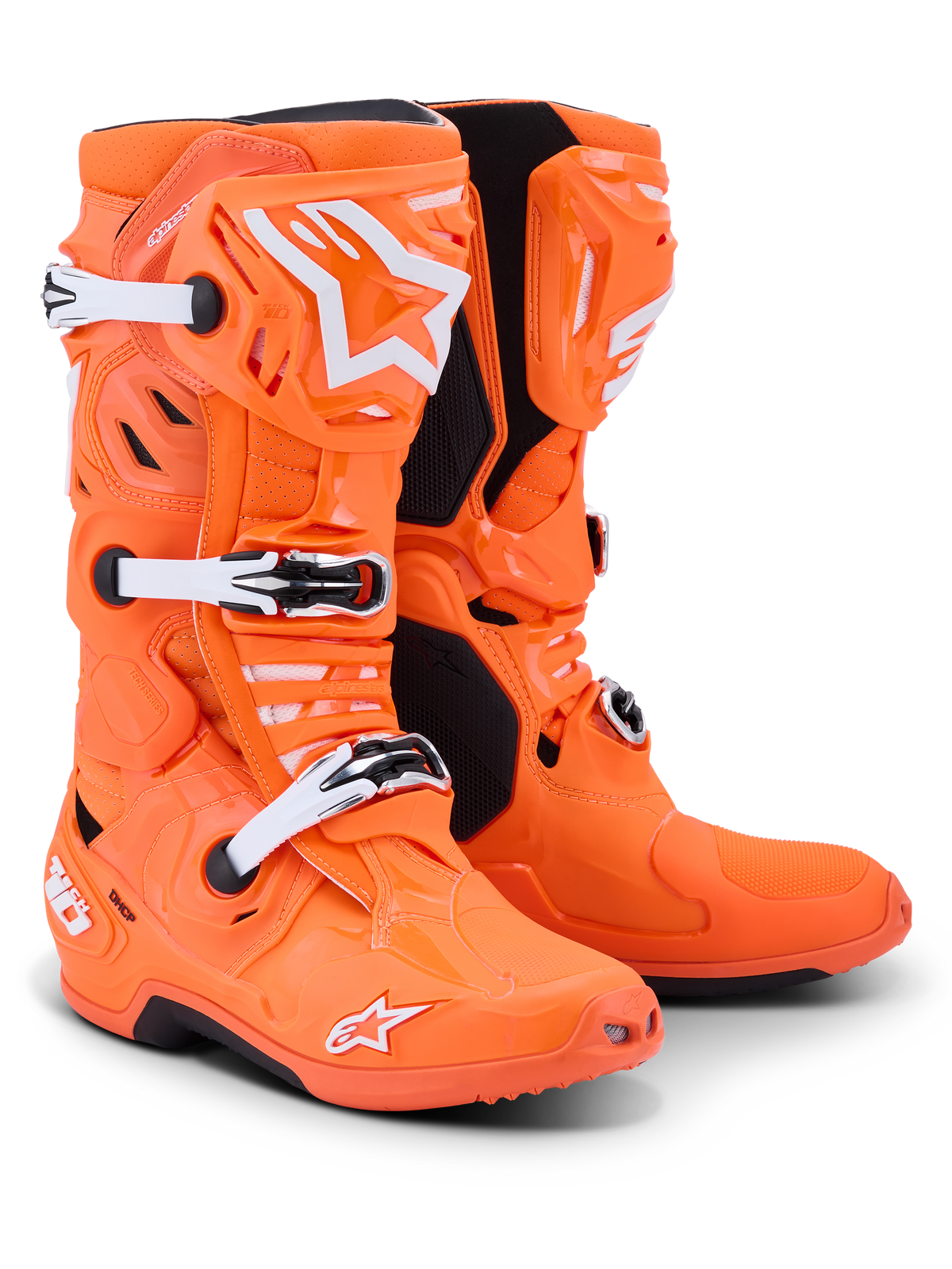 Alpinestars Tech 10 Supervented støvler, motocross-støvler, neonorange med hvide og sorte detaljer, med hvide justerbare spænder, ventileret TPU-skinnebensplade og markant Alpinestars-logo, højtydende fodtøj til off-road racing