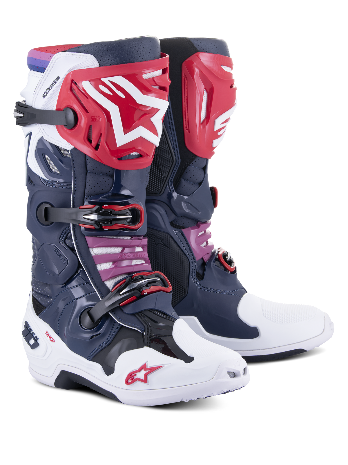 Alpinestars Tech 10 Supervented støvler, motocross-støvler, Night Navy White Rainbow, med røde skinnebensplader med hvidt stjernelogo, flere sorte spænder og perforerede mesh-paneler for høj luftgennemstrømning