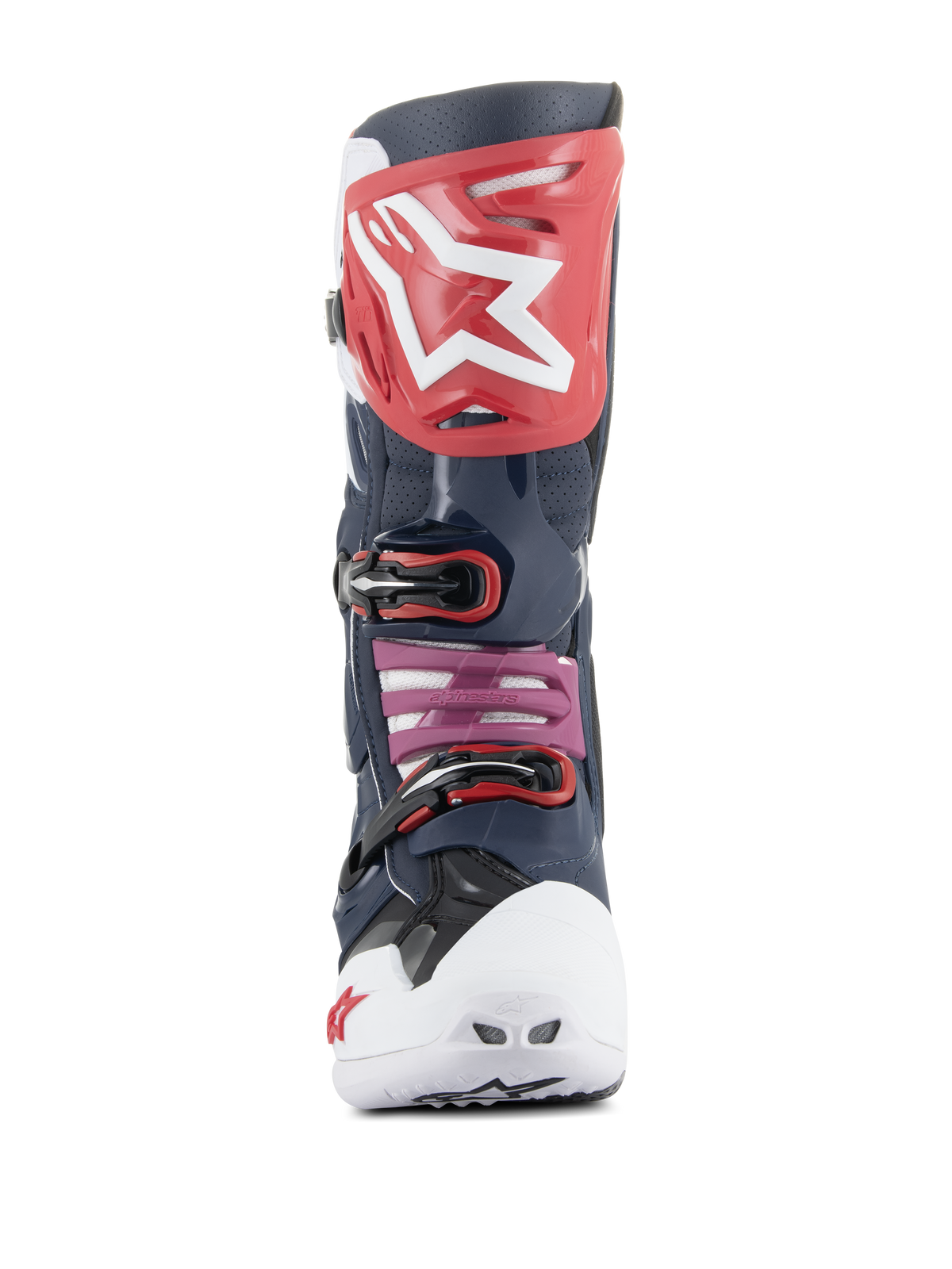 Alpinestars Tech 10 Supervented støvler, motocross-støvler, Night Navy White Rainbow, set forfra med rød skinneplade med hvidt logo, hvid ventileret tåboks og navy perforeret mikrofiberkonstruktion for maksimal ventilation.