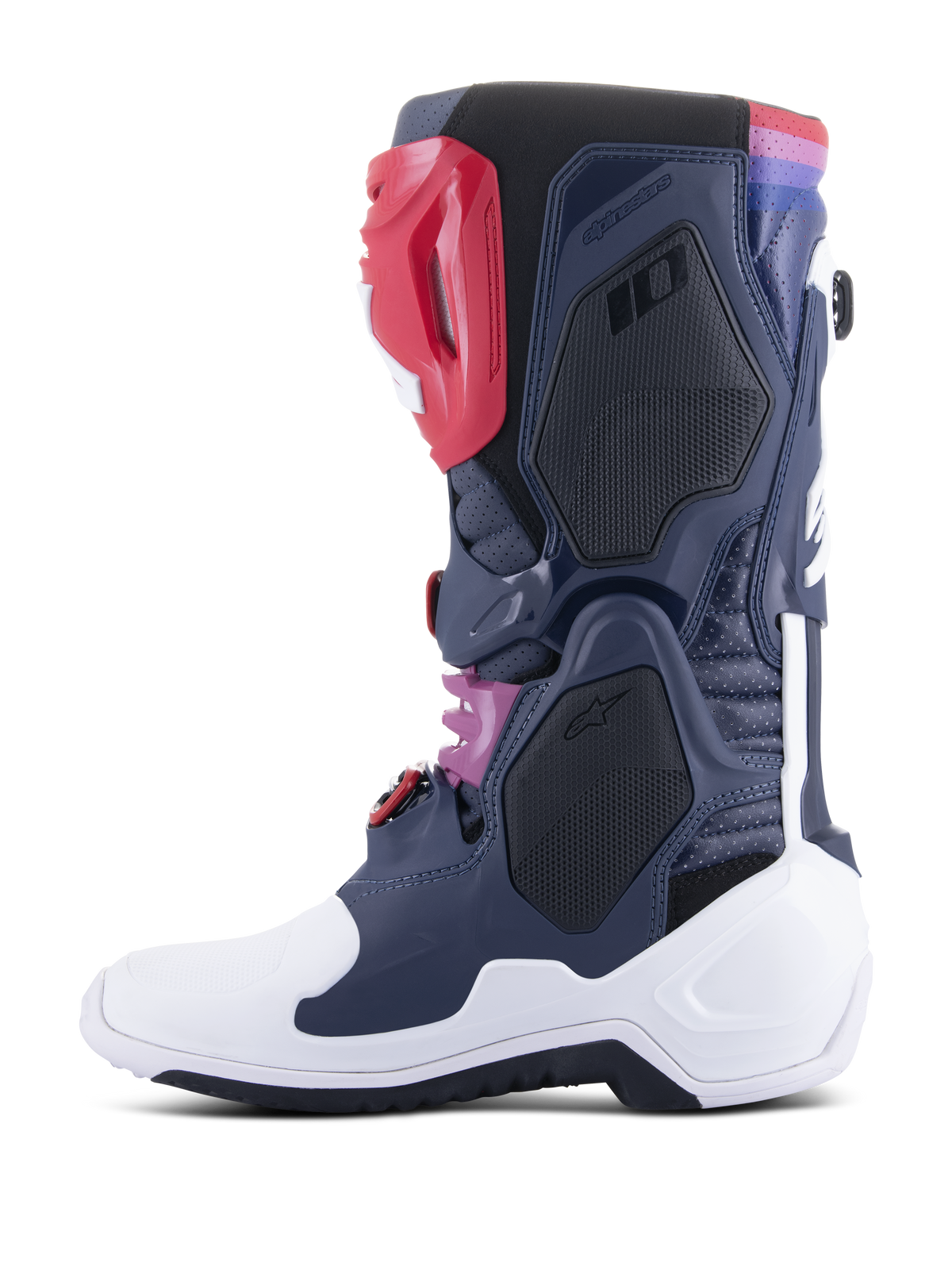 Alpinestars Tech 10 Supervented støvler, motocross-støvler, Night Navy White Rainbow, profilvisning fra siden med ventilerede mesh-paneler, hvid beskyttende skal og farverige detaljer, højpræstations fodtøj til terrænkørsel