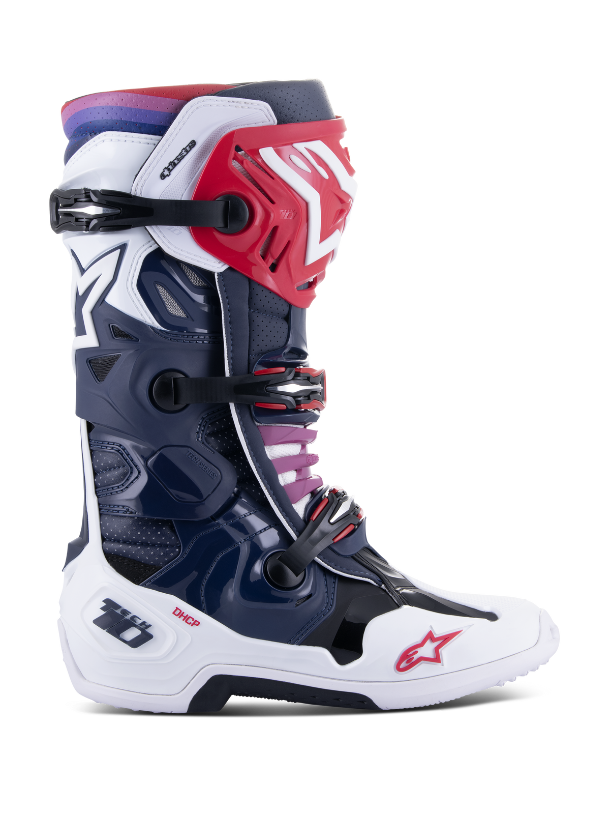 Alpinestars Tech 10 Supervented støvler, motocross-støvler, Night Navy White Rainbow farvevariant, profilvisning fra siden, mørkeblå og hvid skal med røde detaljer, sorte spændestropper og lilla til rød gradient øverst, ventileret high-performance konstruktion til off-road racing