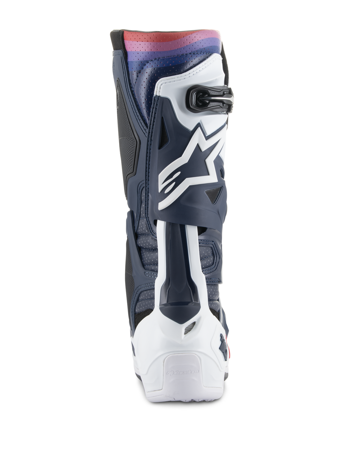 Alpinestars Tech 10 Supervented støvler, motocross-støvler, Night Navy White Rainbow, set bagfra, der viser den mørkeblå og hvide TPU-struktur med en levende regnbue-farvet overgang øverst, hvidt Astars-logo og ventilerede paneler til off-road kørsel