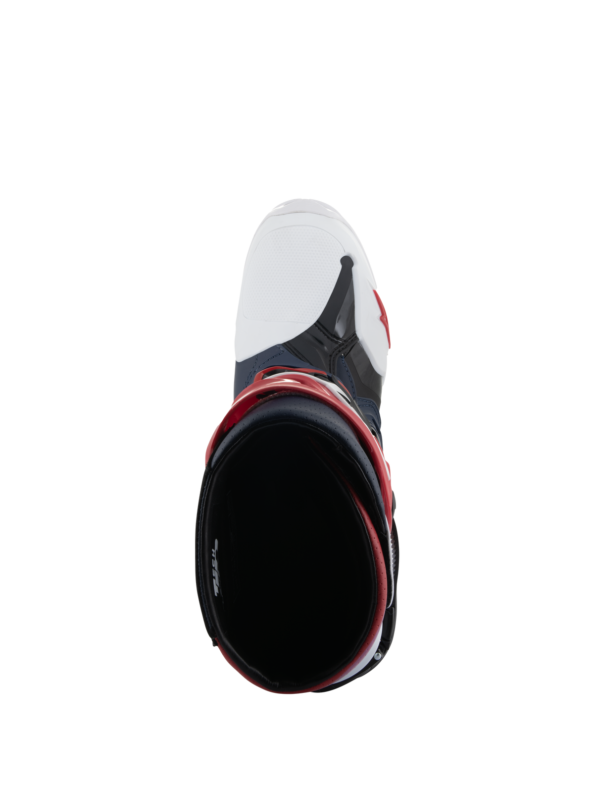 Alpinestars Tech 10 Supervented støvler, set ovenfra ned i støvleåbningen, Night Navy White Rainbow, med hvid ventileret tåboks og røde detaljer, højtydende motocross-støvler designet til maksimal luftstrøm.