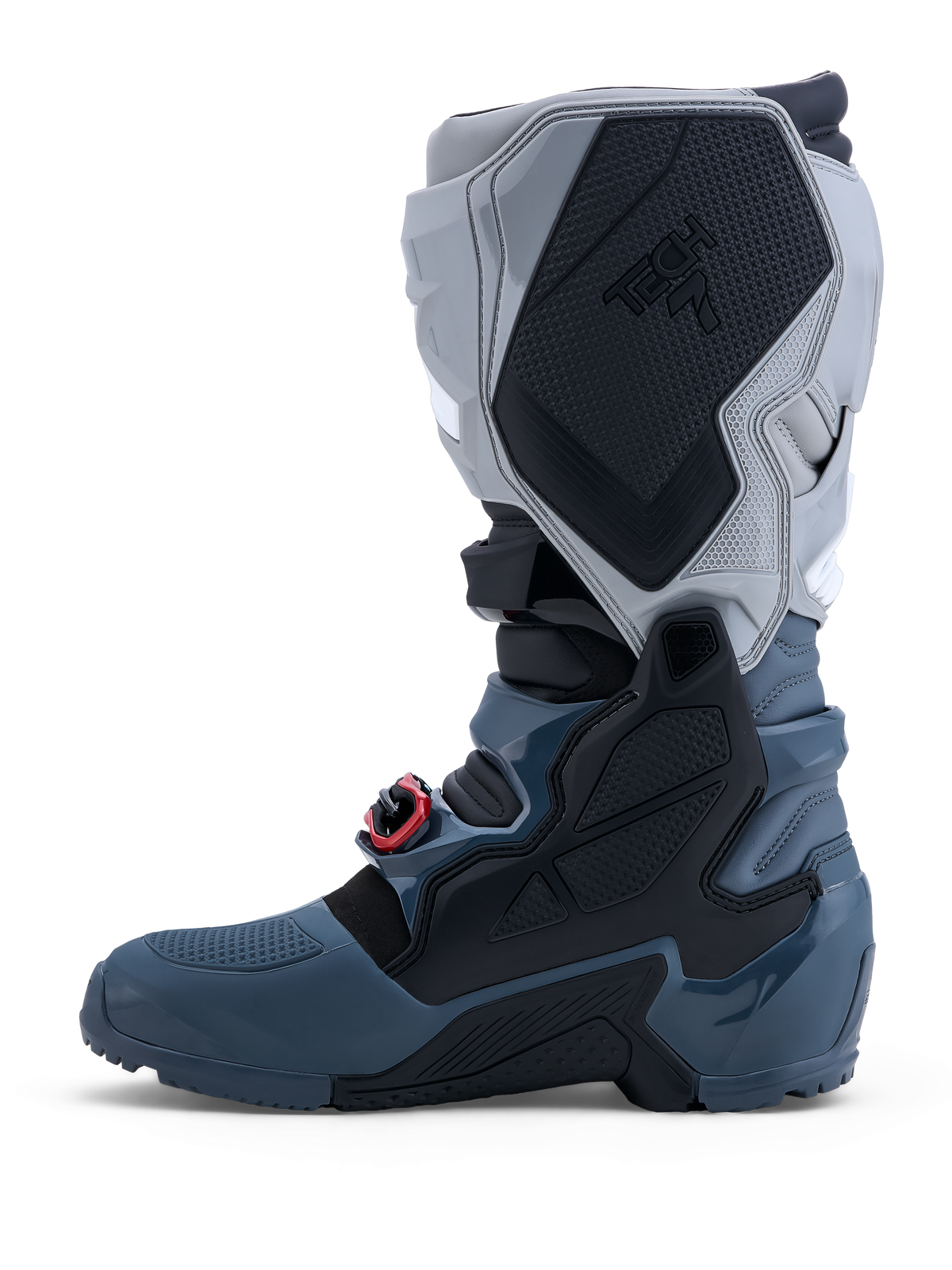 Alpinestars Tech 7 Enduro Drystar Boots, waterproof gray off-road motorcycle boots with red buckle accents.