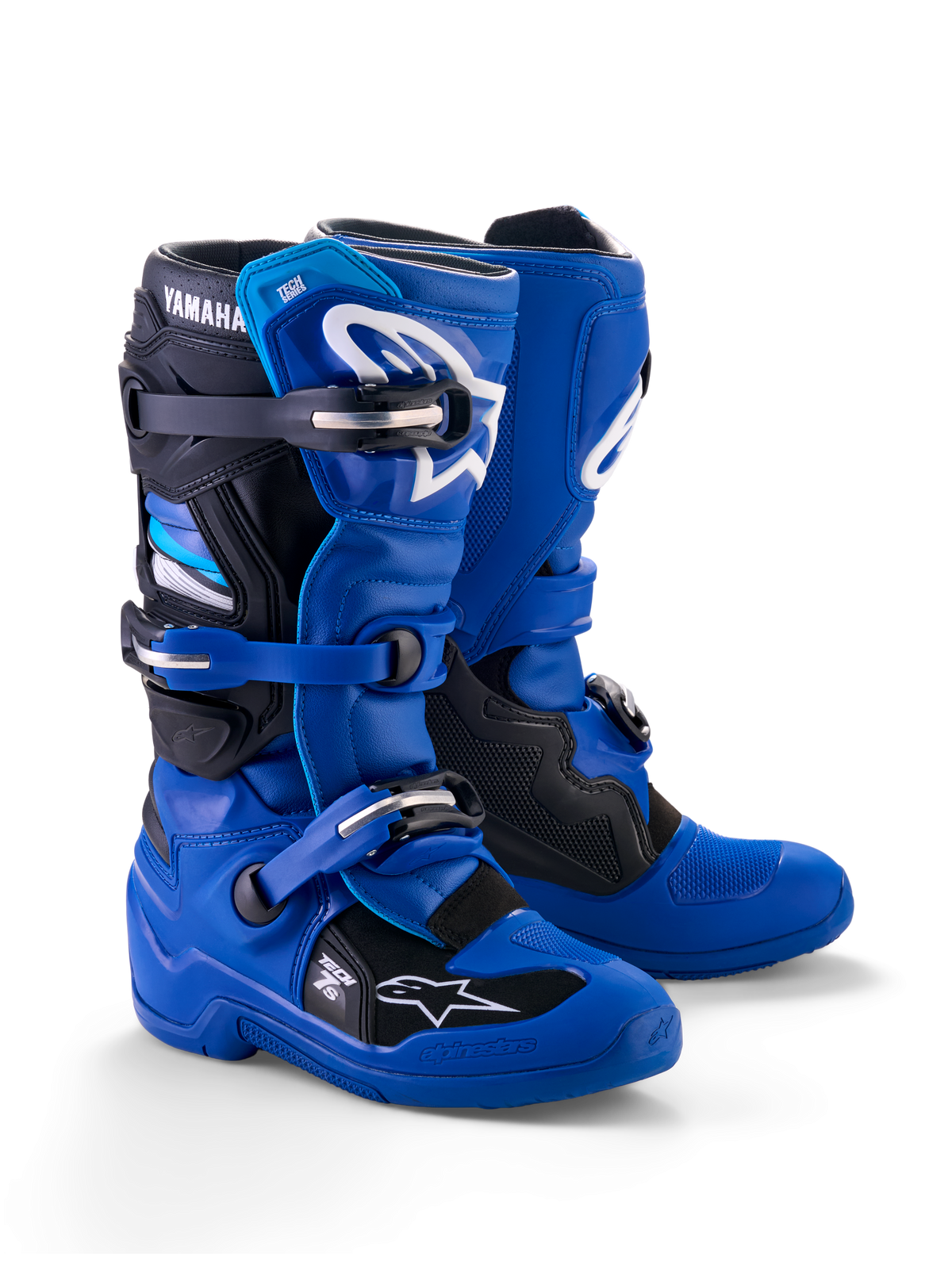 Alpinestars Yamaha Youth Tech 7S støvler, motocross-støvler, blå, sort og hvid, med multispænde-lukkesystem, TPU-beskyttelsesskal og hvide Alpinestars-logoer med Yamaha-branding på kanten