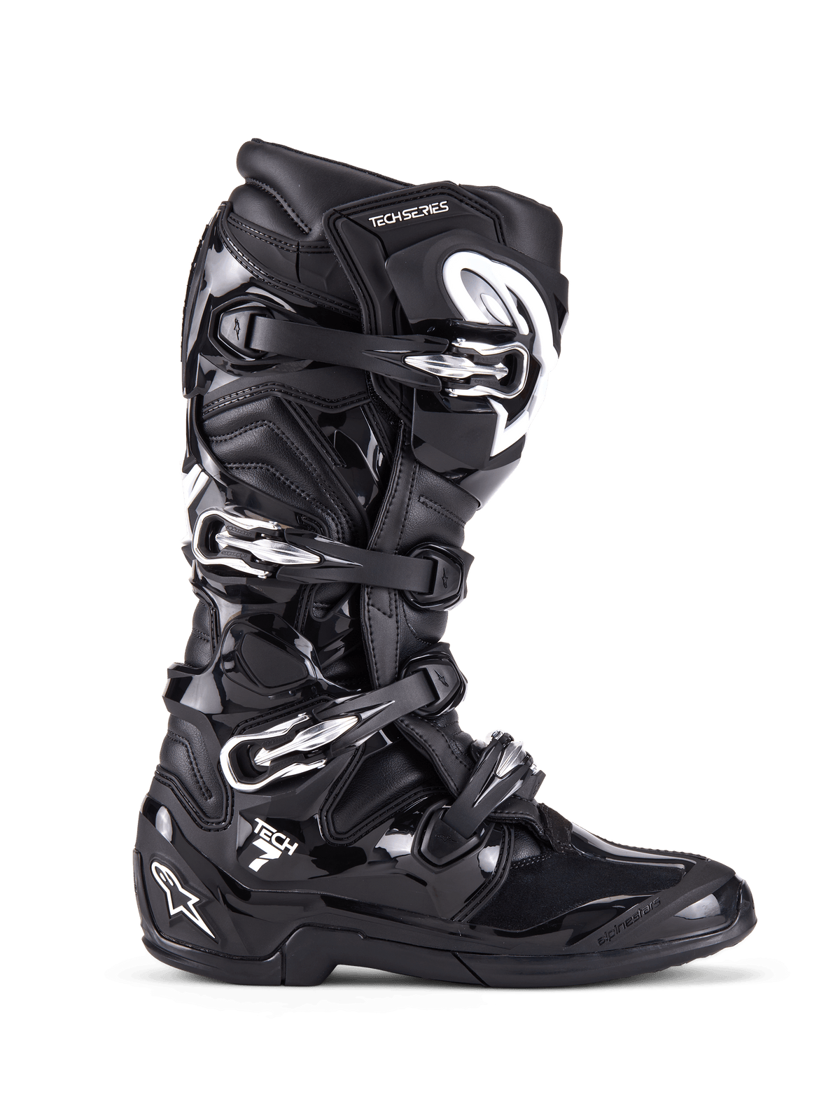 Alpinestars Tech 7 Boots, Motocross Off-Road Boots, Black with silver buckles and white accents, side profile view featuring four quick-release aluminum buckles, durable TPU shell and textured panels for off-road protection