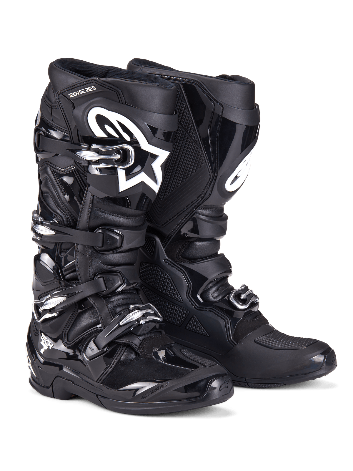 Alpinestars Tech 7 Boots, Motocross Boots, Black, featuring a rugged construction with a four-buckle closure system, TPU protective panels, and a white Alpinestars logo on the shin area, professional off-road footwear for dirt racing