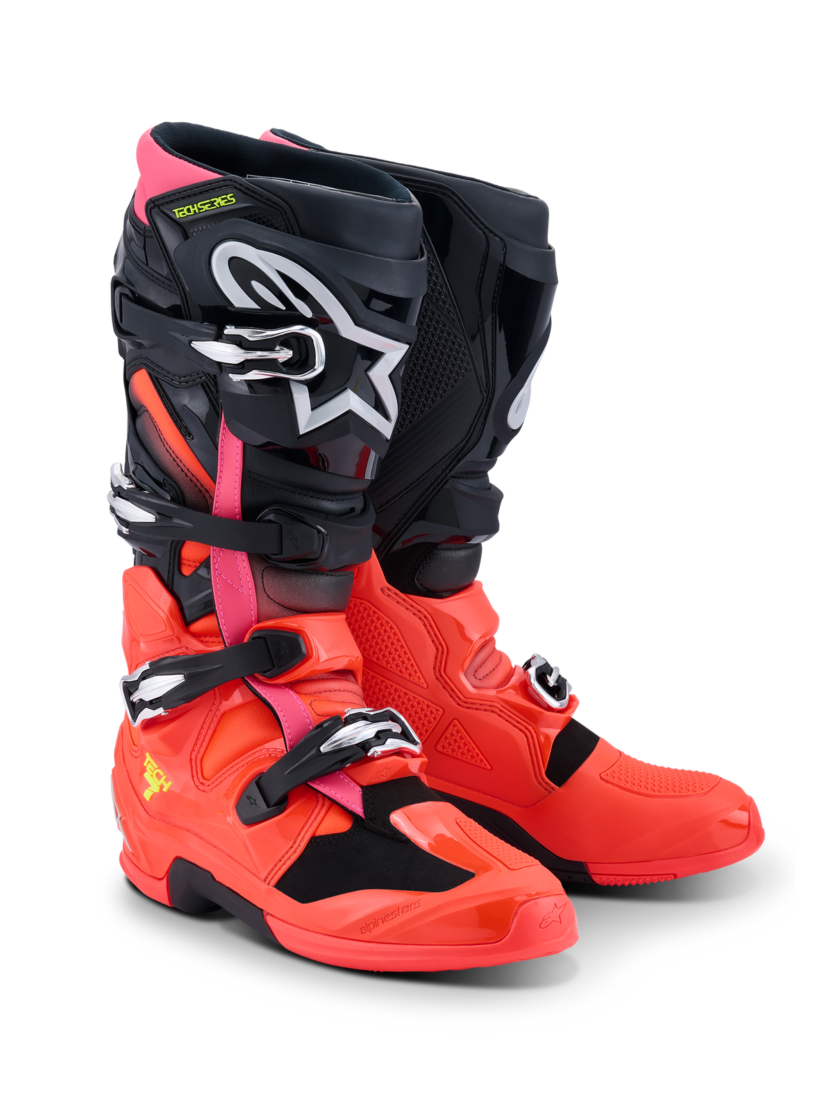 Alpinestars Tech 7 støvler, motocross-støvler, sort, rød fluo og pink fluo, med hurtigudløsningsspænder, dobbelt drejesystem og TPU-beskyttelsesskal, slidstærkt udstyr til terrænkørsel