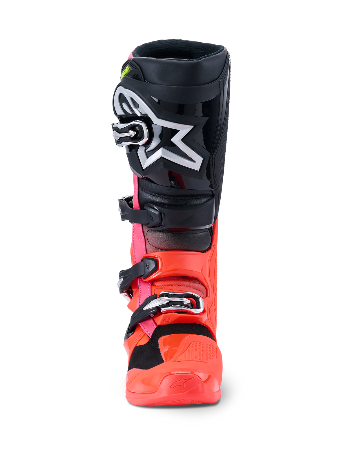 Alpinestars Tech 7 støvler, motocross-støvler, sort, neonrød og neonpink, set forfra med sort skinnebensplade med stort hvidt Astars-logo, neonrød og pink underdel og sølvfarvet spændesystem