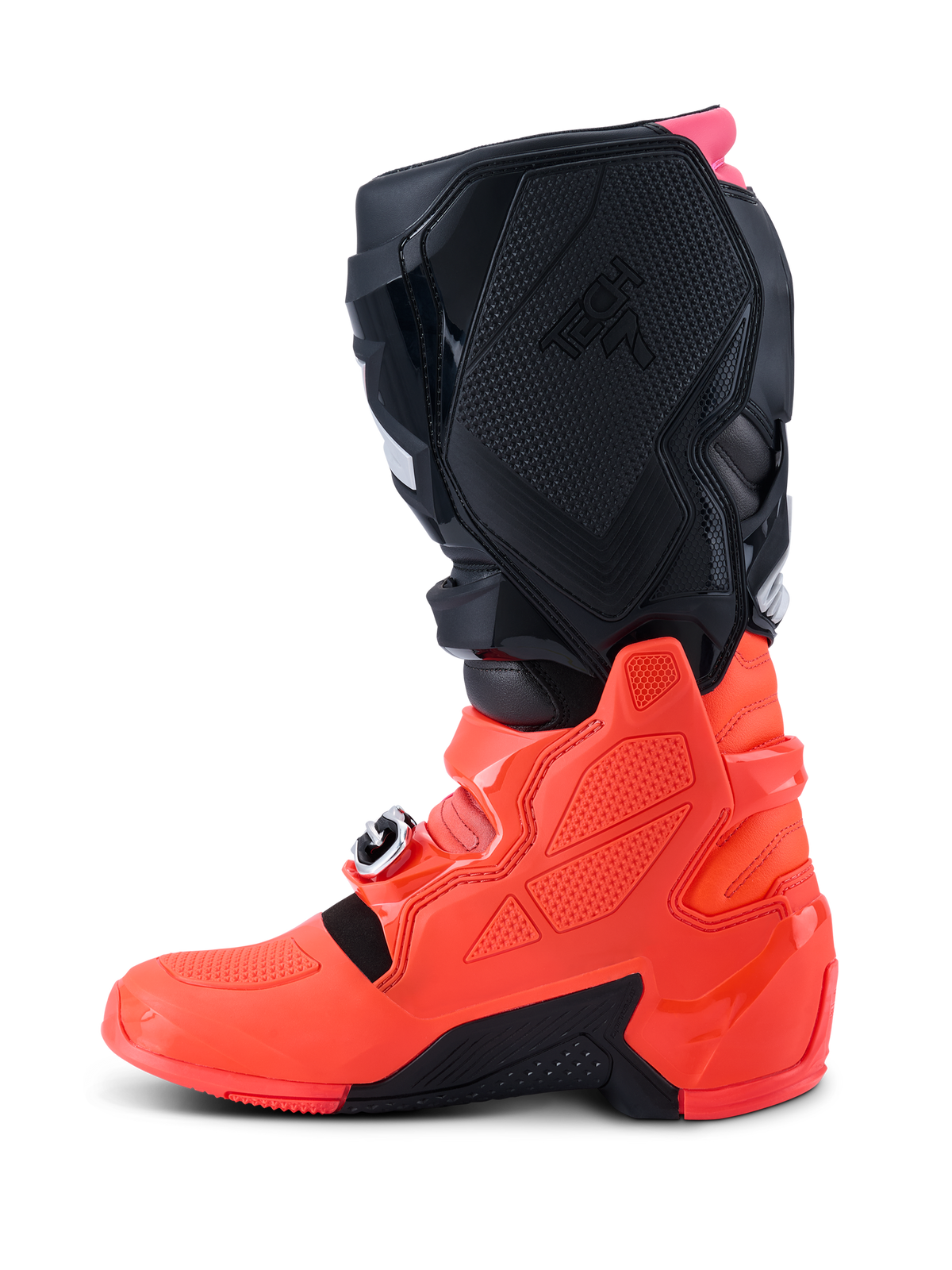 Alpinestars Tech 7-støvler, motocross-støvler, sort, rød fluo og pink fluo, sideprofil, der fremhæver den nedre TPU-skal, spændelukkestystemet og de teksturerede beskyttelsespaneler til terrænkørsel