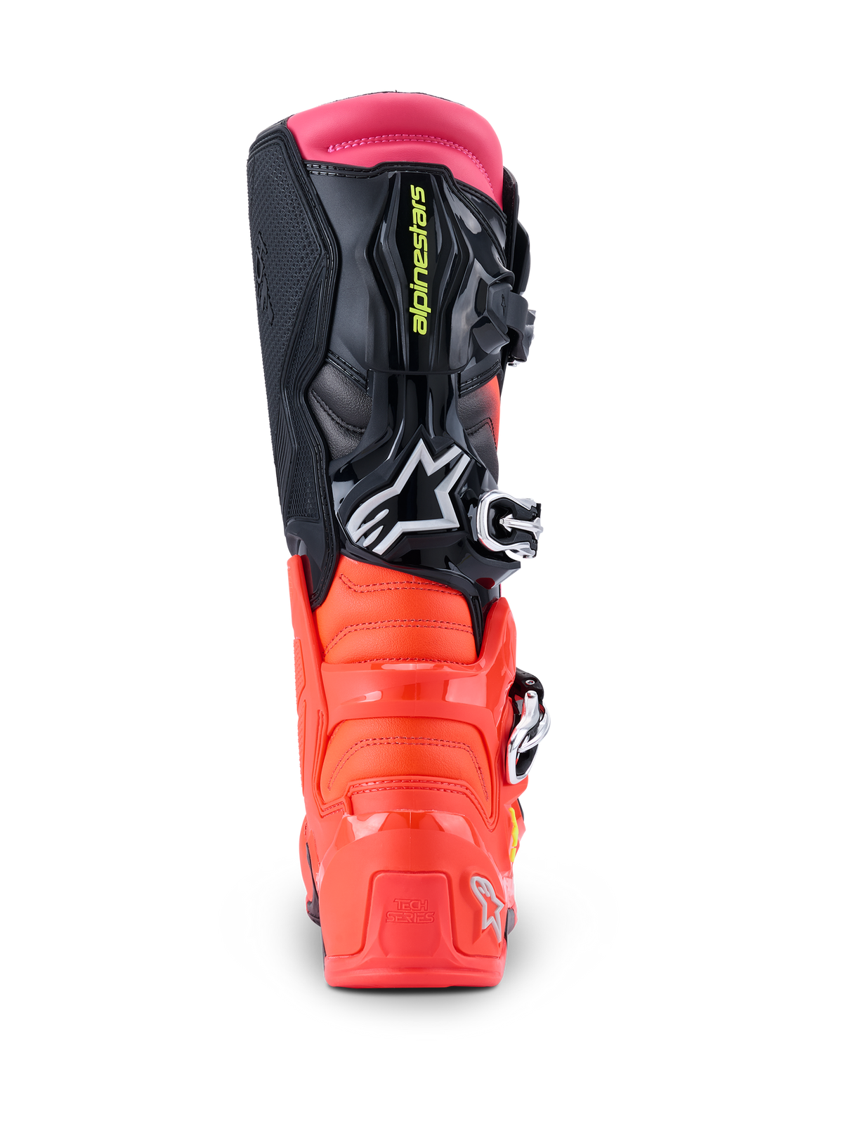 Alpinestars Tech 7 støvler, motocross-støvler, sort, neonrød og neonpink, set bagfra der viser den forstærkede TPU-hæl, overdel i flere materialer og pink gaiter øverst.
