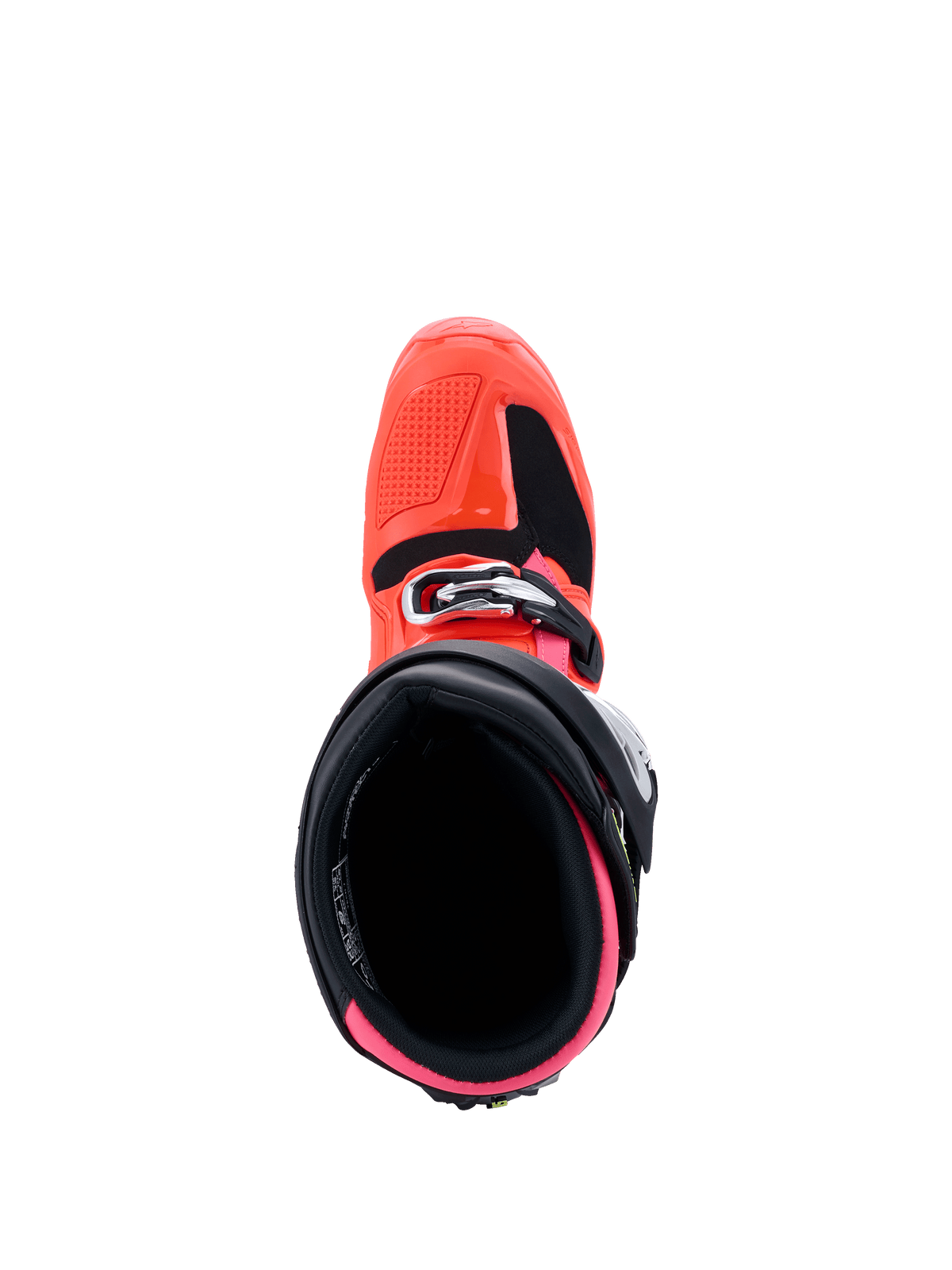 Alpinestars Tech 7 støvler, MX26-kollektion, motocross-støvler, sort, rød fluo og pink fluo, set ovenfra med kig ned i åbningen, med pink foring og rød fluo yderskal med spændelukning.